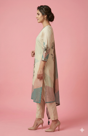 Cream Straight Cut Salwar Suit Crafted in Pure Viscose Linen with Floral Print