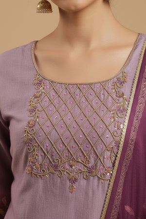 Purple Muslin Straight Cut Suit Featuring Handcrafted Embroidery & Floral Prints