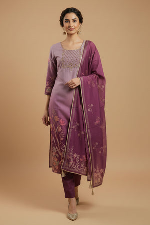 Purple Muslin Straight Cut Suit Featuring Handcrafted Embroidery & Floral Prints