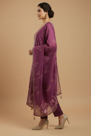 Purple Chanderi Silk Straight Cut Suit Featuring Handcrafted Embroidery & Floral Prints