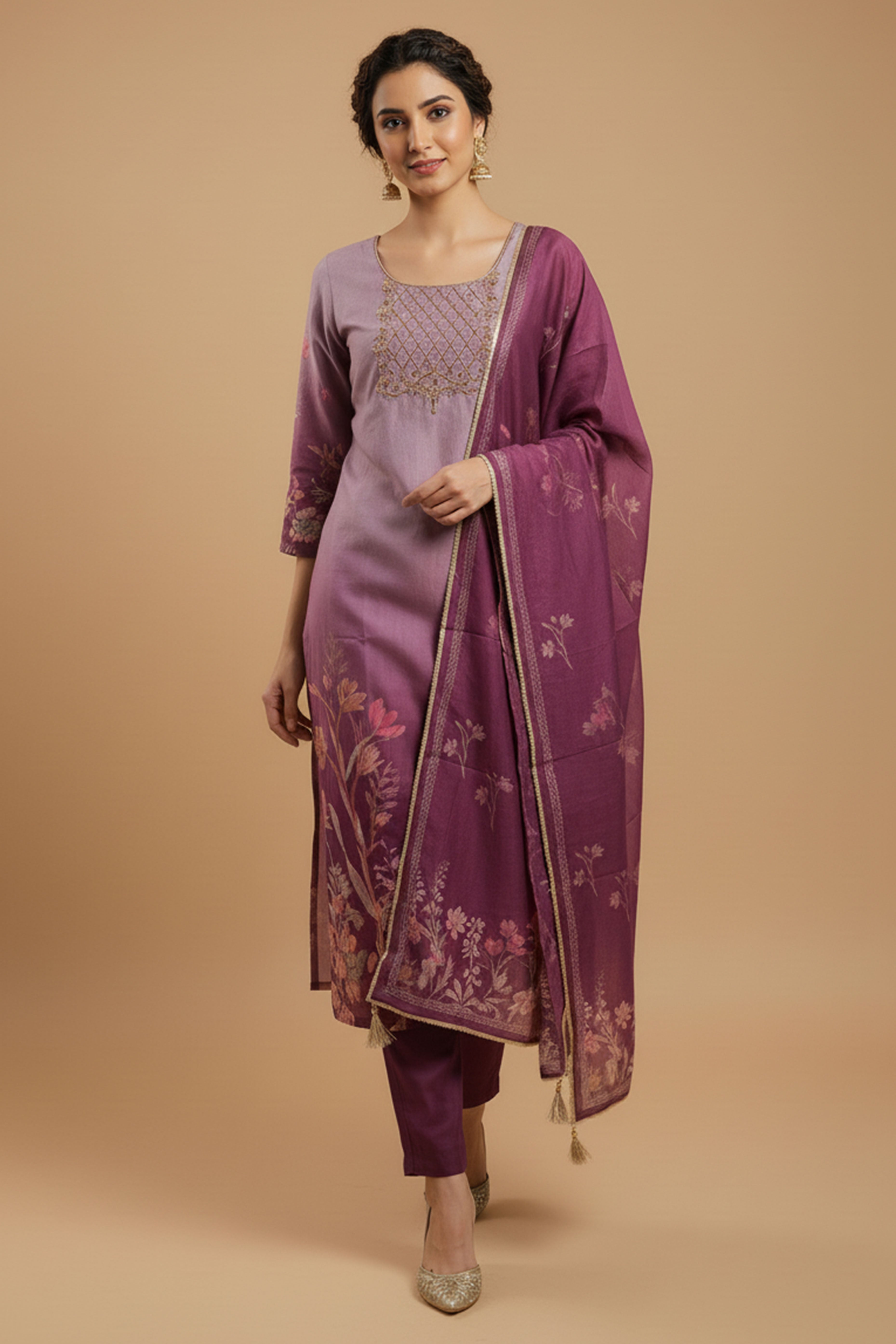 Purple Muslin Straight Cut Suit Featuring Handcrafted Embroidery & Floral Prints