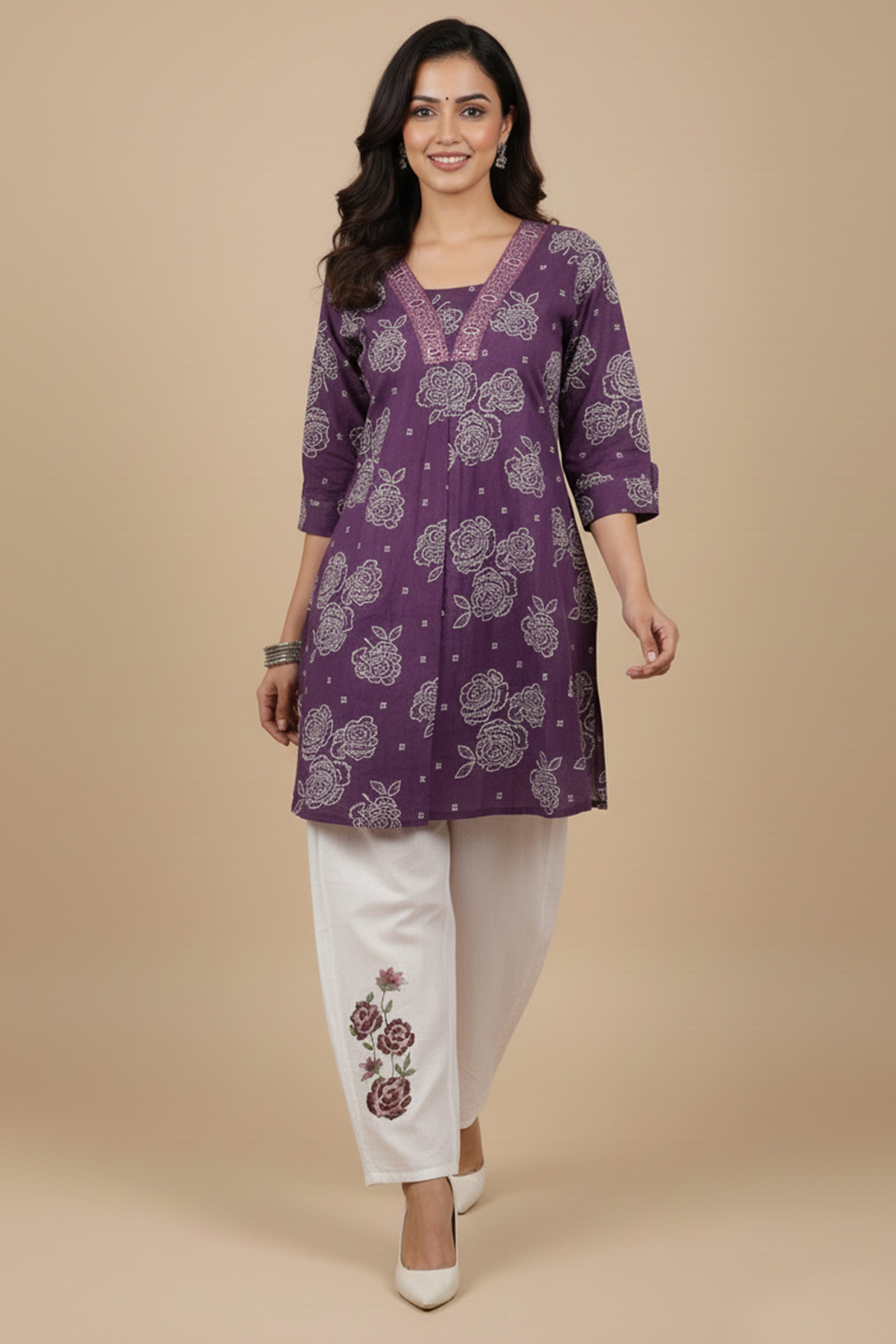 Purple Pure Cotton Flex Top Bottom Suit Set Featuring Bandhani Design