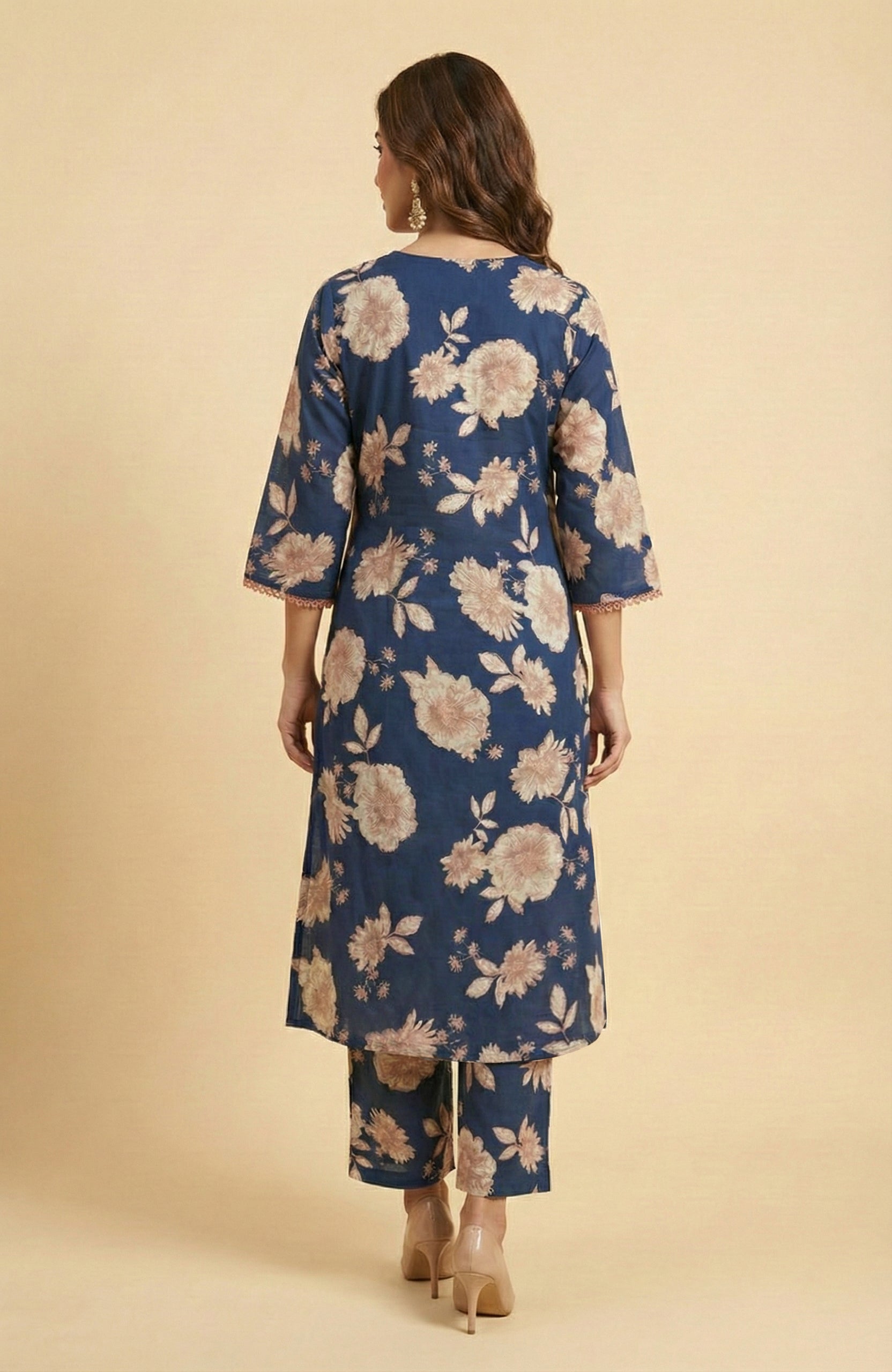 Dark Blue Pure Cotton A-Line Top & Bottom Set with Floral Print