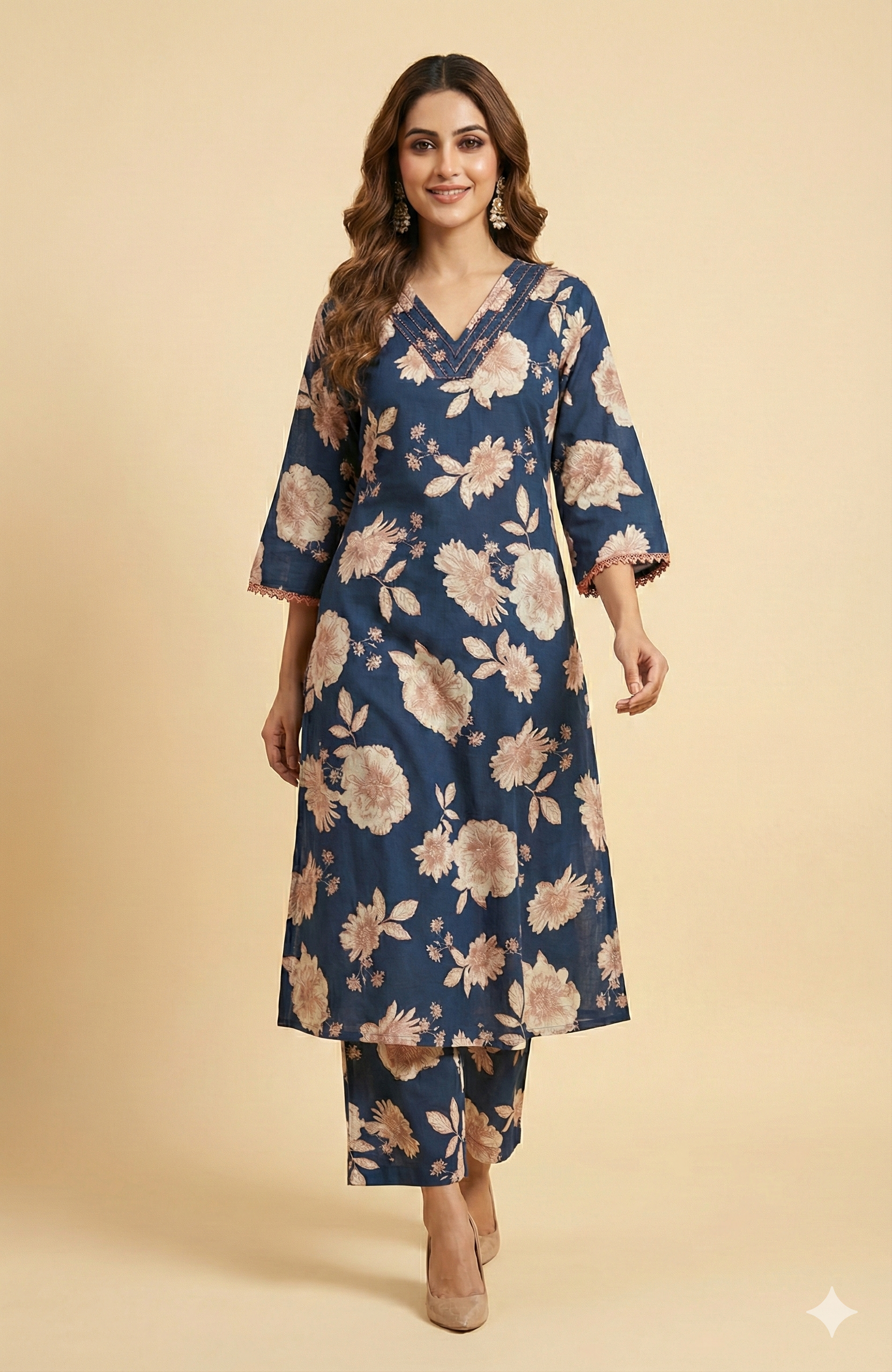 Dark Blue Pure Cotton A-Line Top & Bottom Set with Floral Print