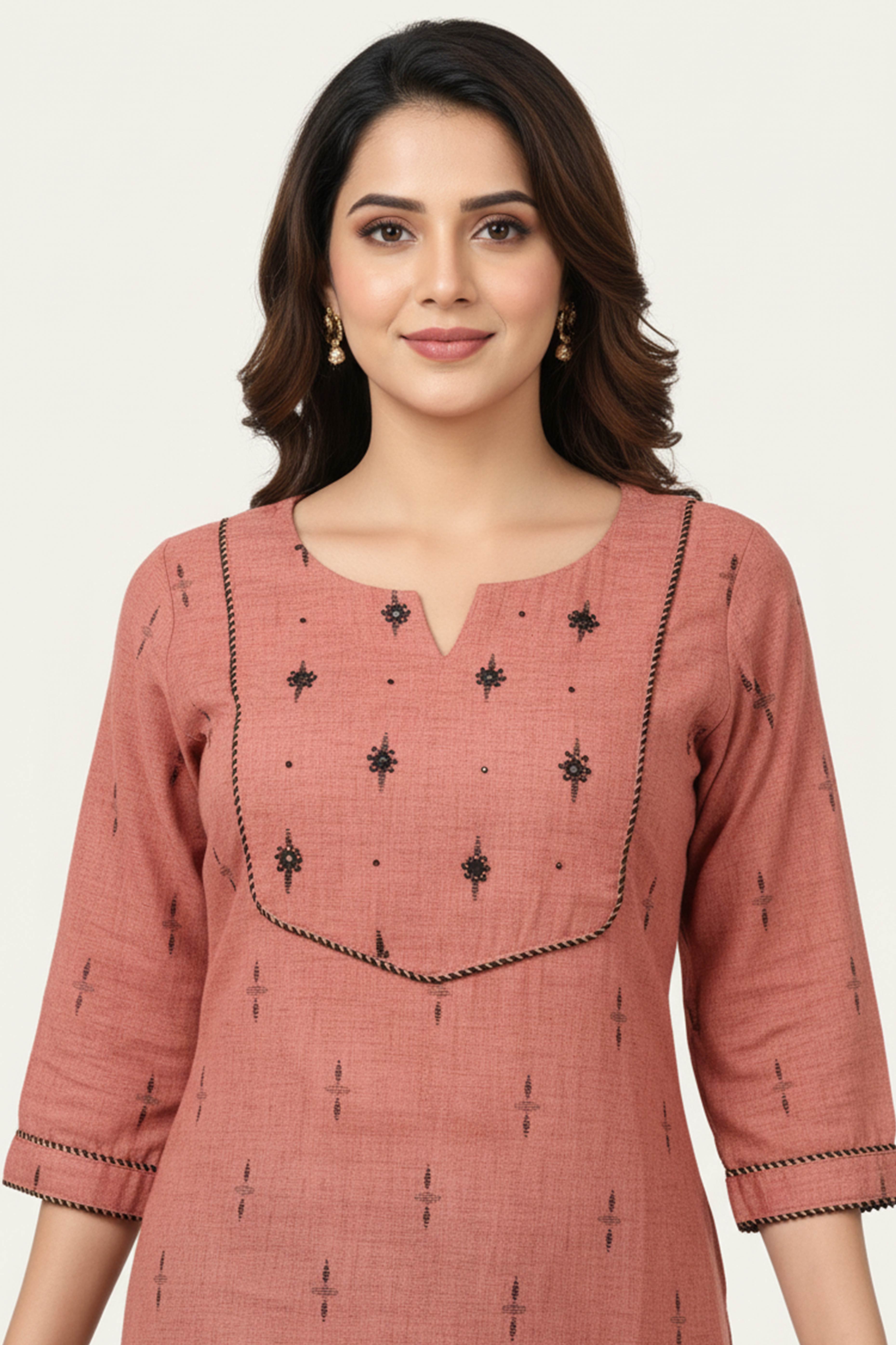 Rust Woven Design Pure Cotton Straight Kurti