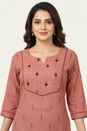 Rust Woven Design Pure Cotton Straight Kurti