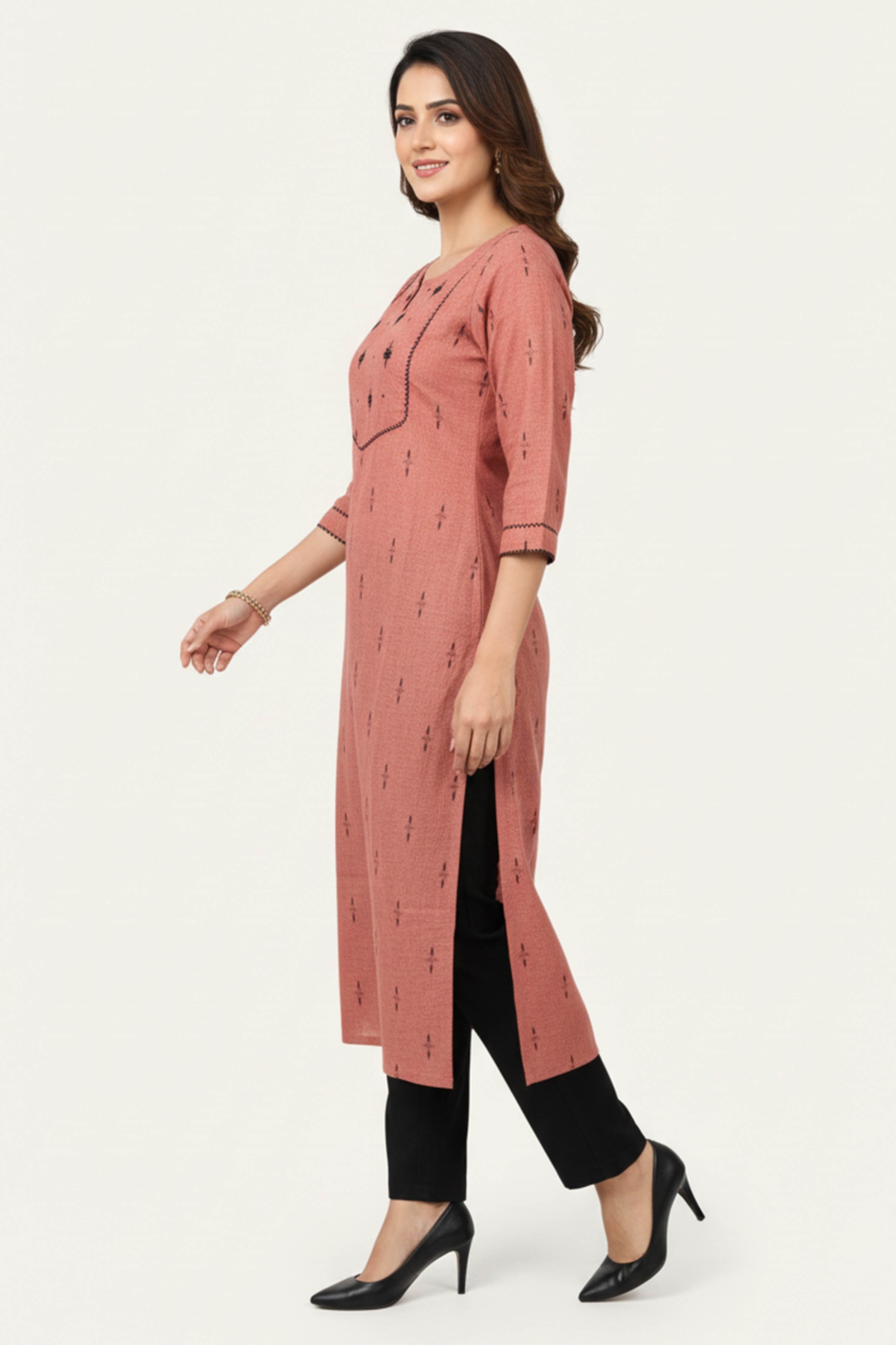 Rust Woven Design Pure Cotton Straight Kurti