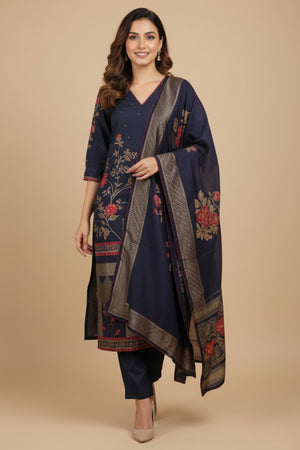 Alluring Navy Blue Pure Muslin Suit Highlighted with Elegant Floral Artwork