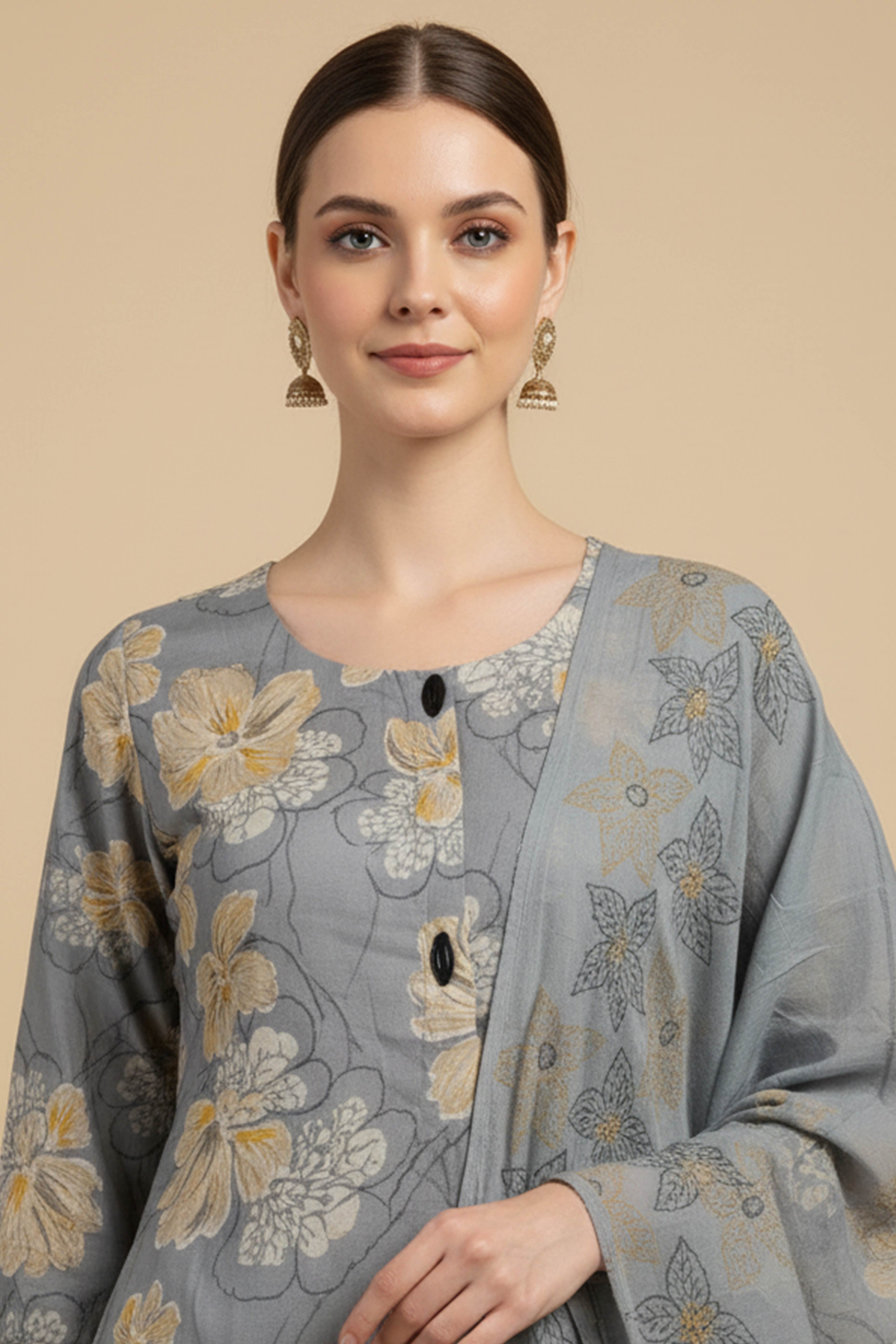 Powder Blue Salwar Suit in Pure Cotton Featuring Floral Prints & Slit Design