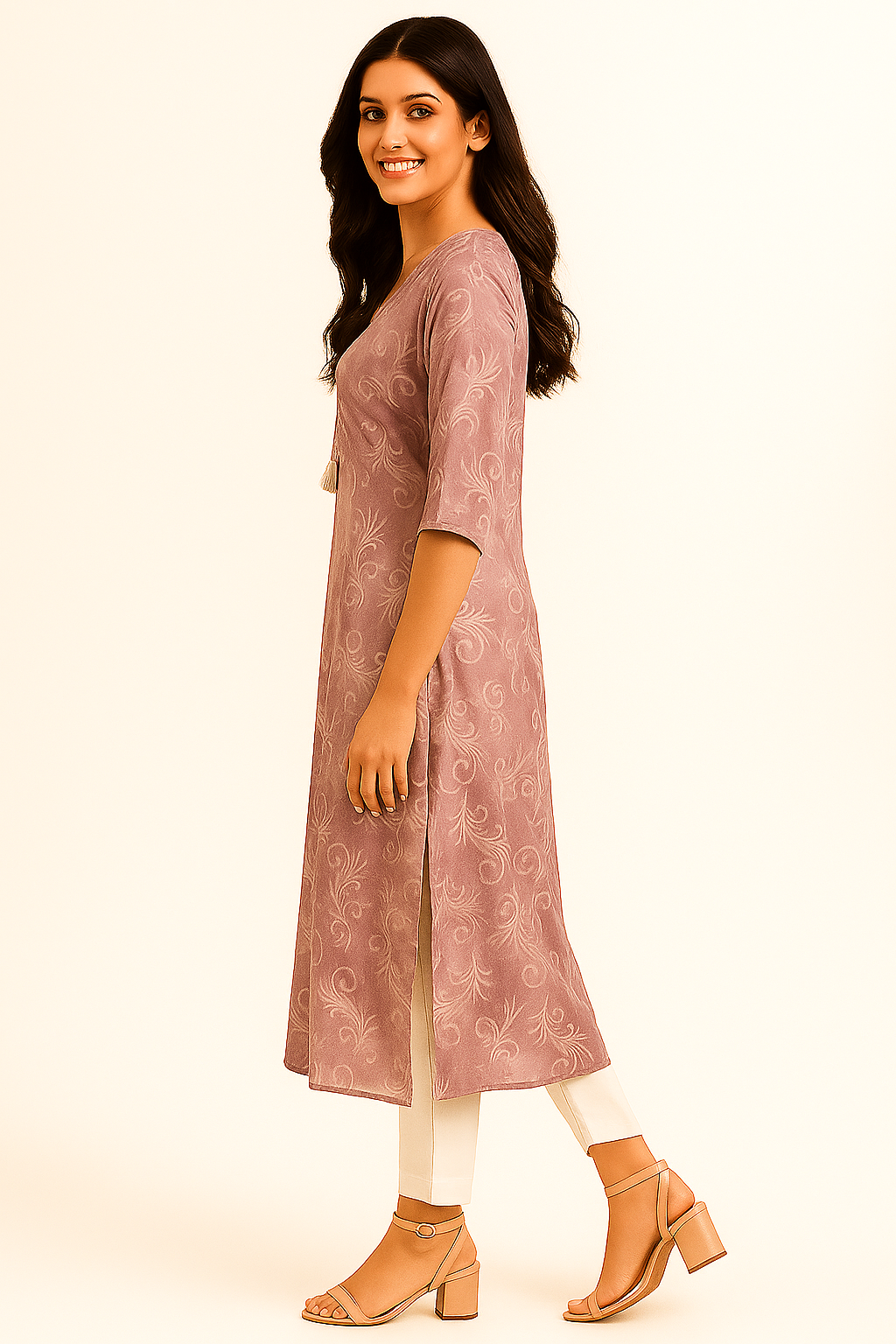 Lavender Viscose Kurti Featuring Shimmering Floral Foil Print