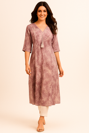 Lavender Viscose Kurti Featuring Shimmering Floral Foil Print