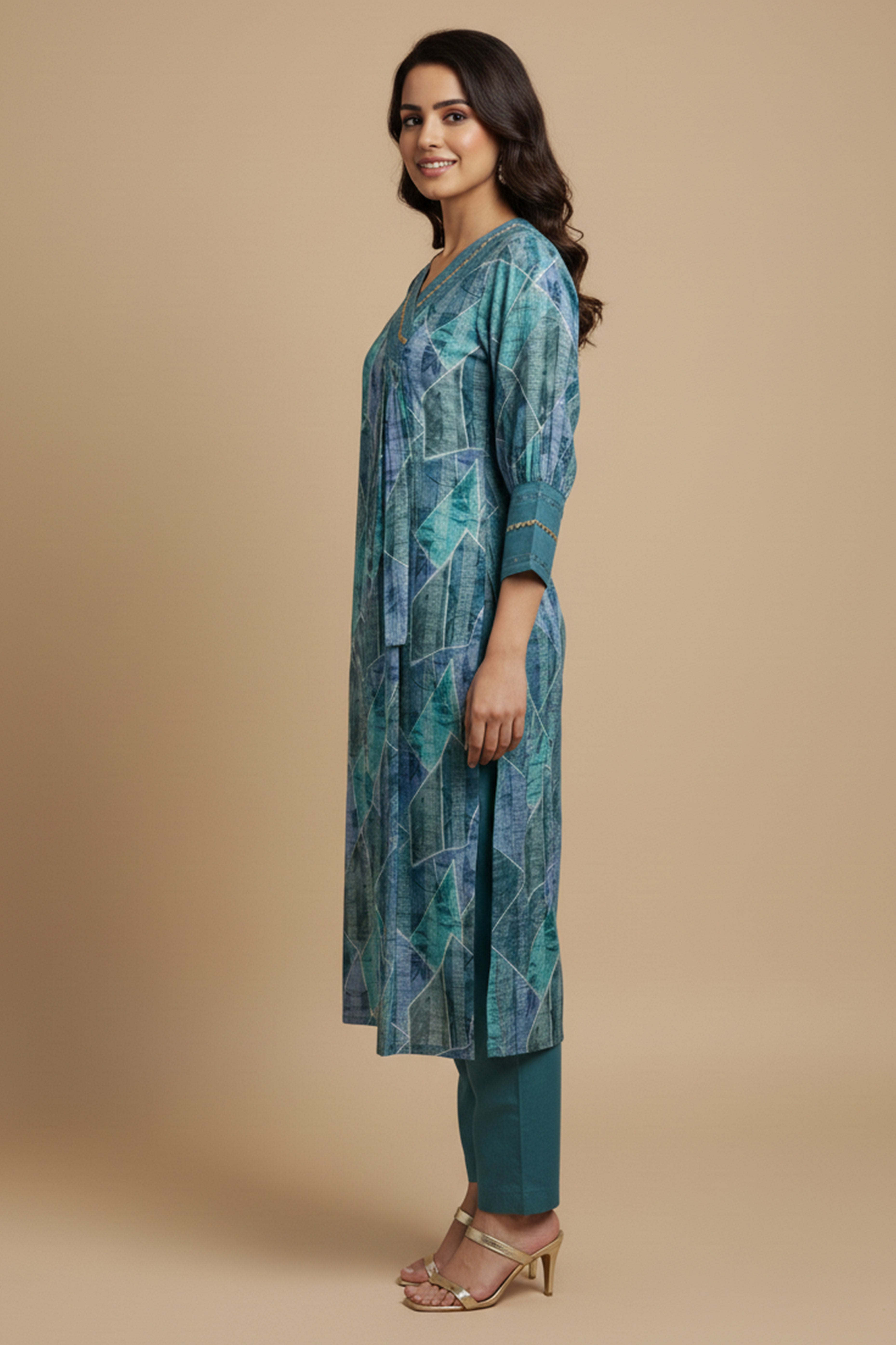 Light Teal Viscose Blend Slub Printed Top Bottom Set with Delicate Katha Work Accents