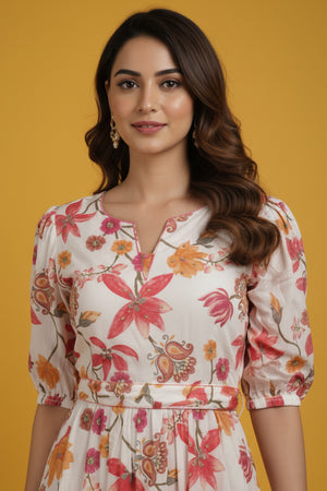 Trendy White Pure Cotton Maxi Dress Featuring Delicate Floral Prints