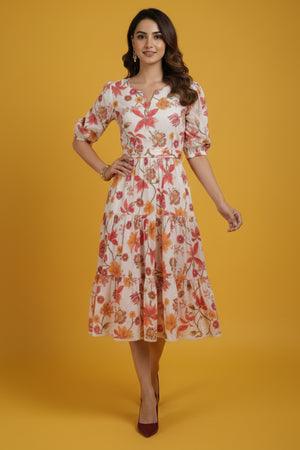 Trendy White Pure Cotton Maxi Dress Featuring Delicate Floral Prints