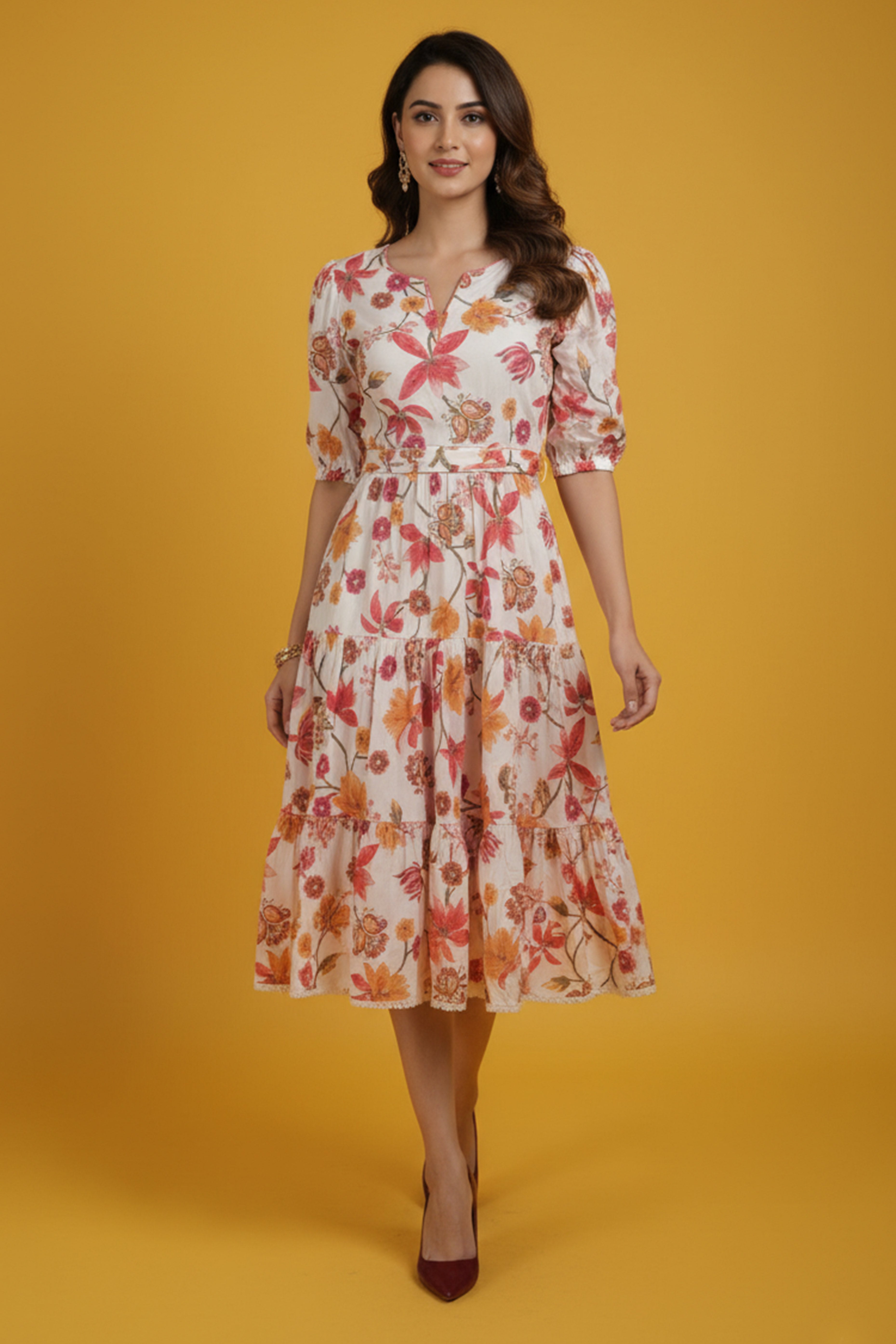 Trendy White Pure Cotton Maxi Dress Featuring Delicate Floral Prints