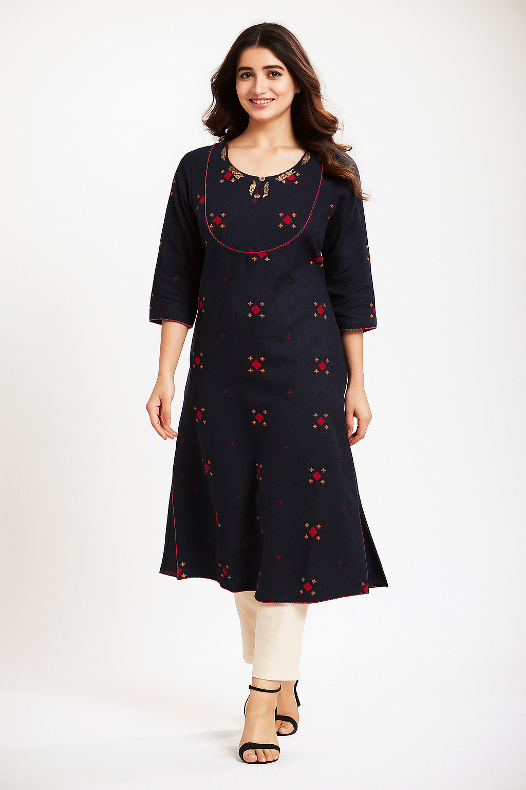 Dark Blue Handloom Cotton Woven Kurti in Elegant A-Line Silhouette