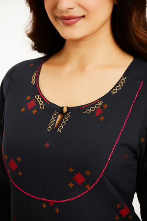 Dark Blue Handloom Cotton Woven Kurti in Elegant A-Line Silhouette