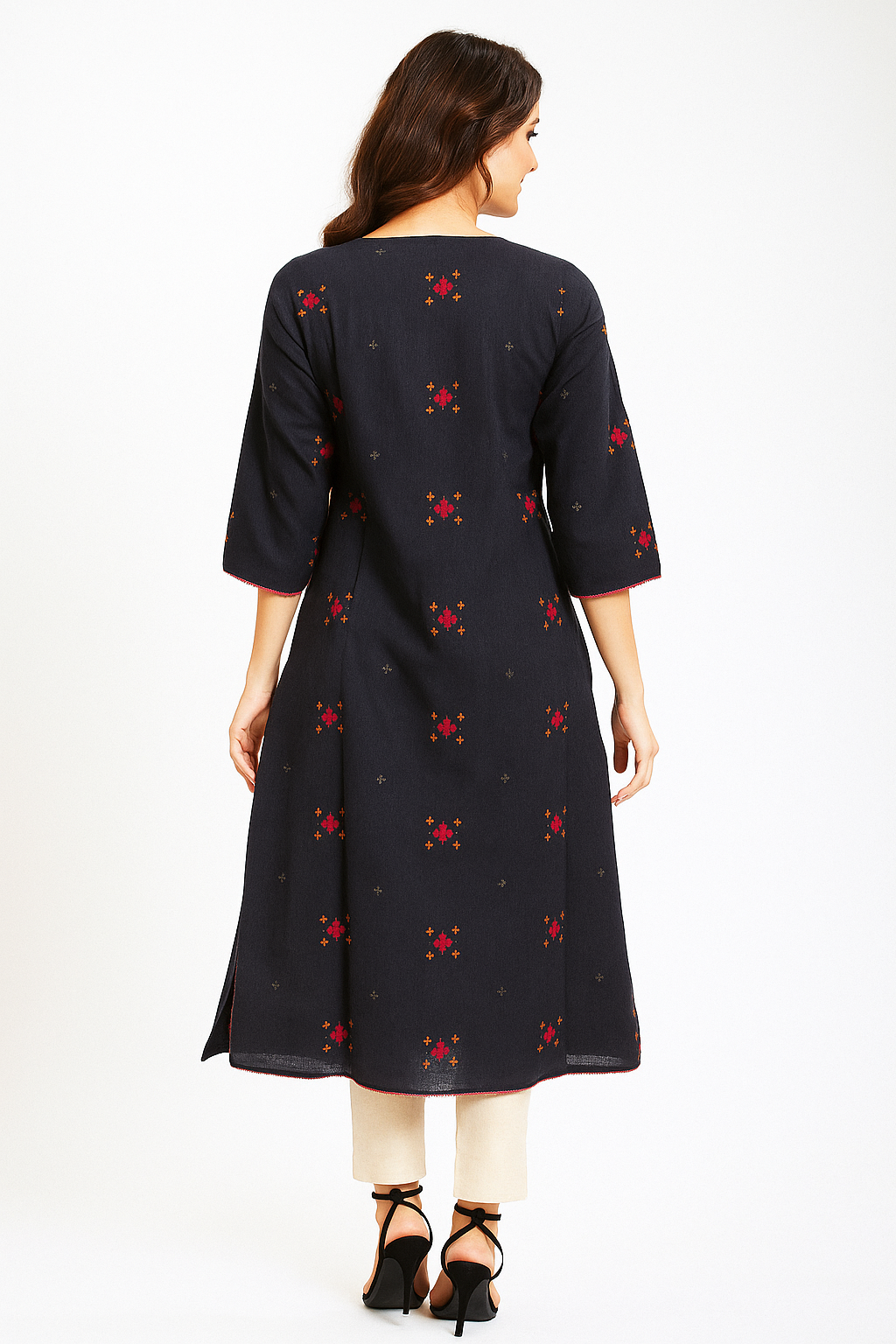 Dark Blue Handloom Cotton Woven Kurti in Elegant A-Line Silhouette