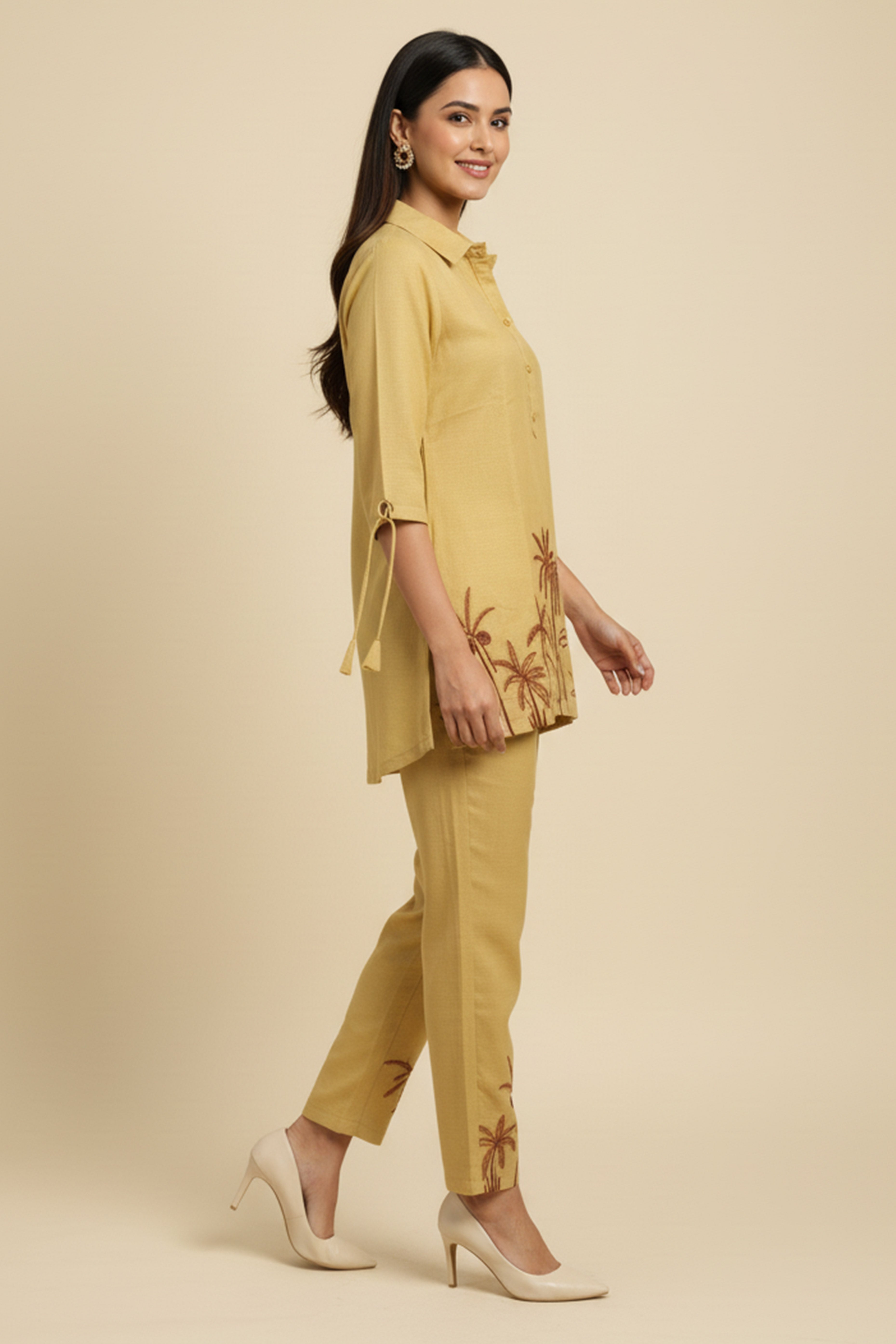 Butter Yellow Thread Embroidered Cotton Blend Top bottom set
