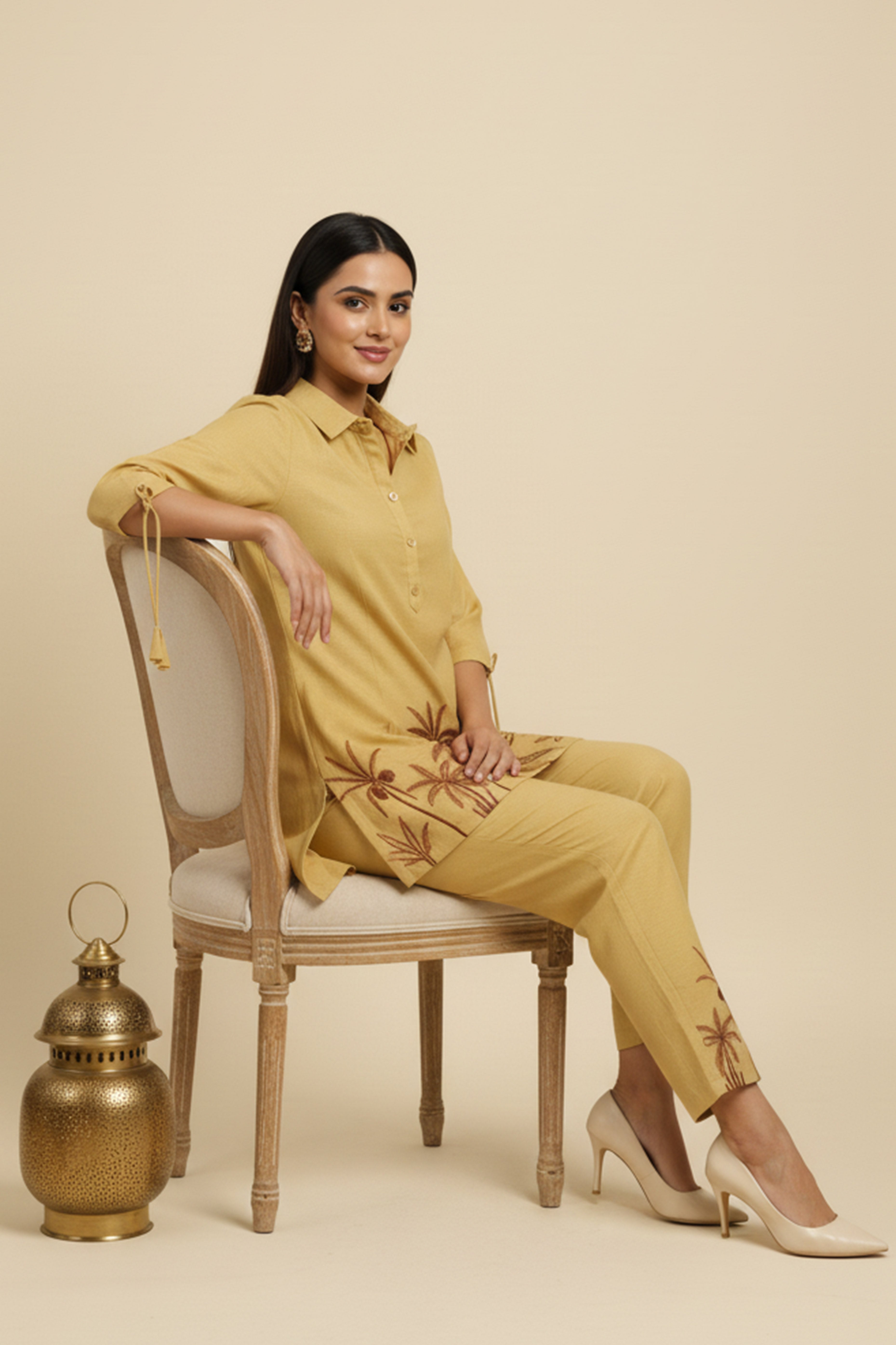 Butter Yellow Thread Embroidered Cotton Blend Top bottom set