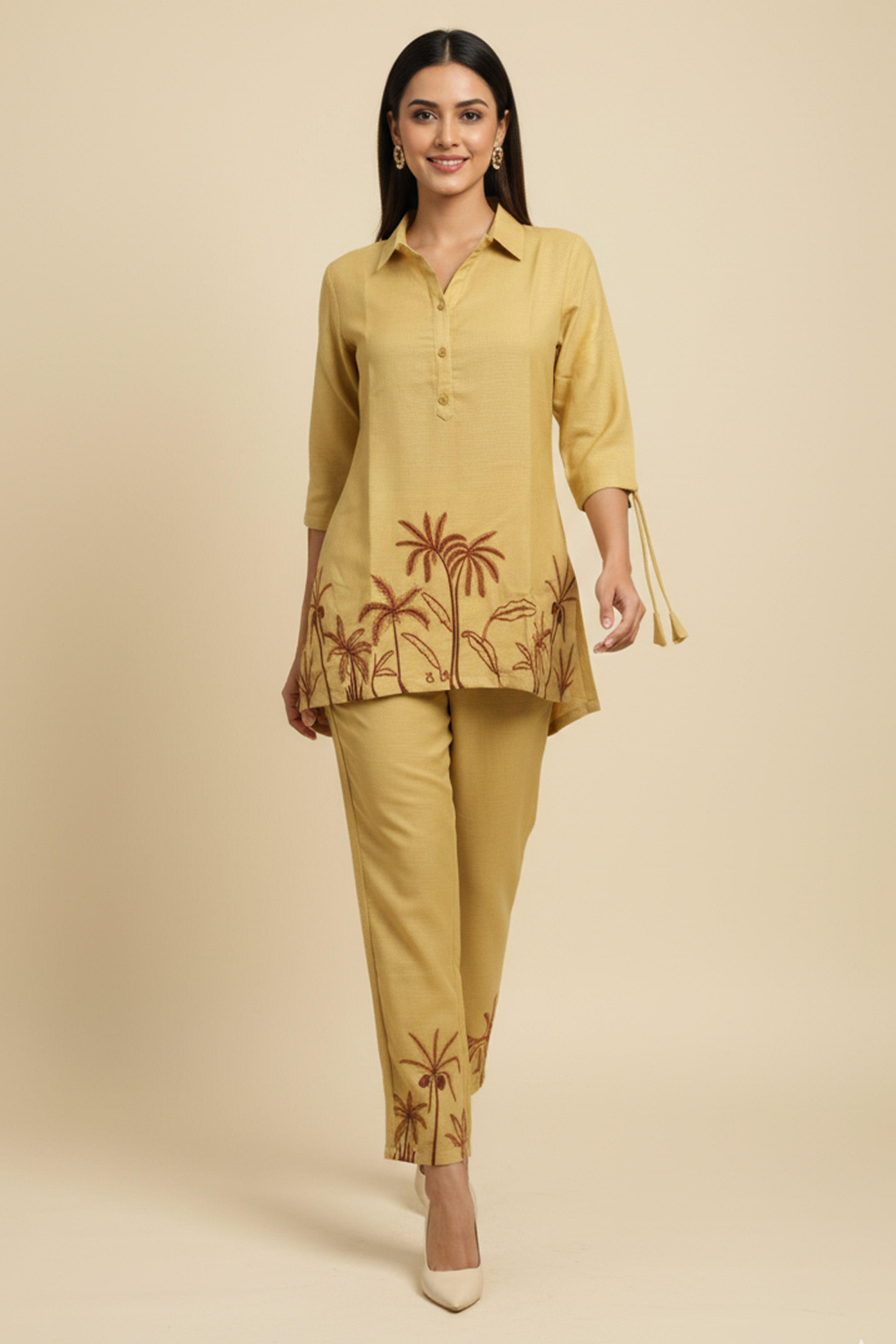 Butter Yellow Thread Embroidered Cotton Blend Top bottom set