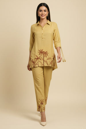 Butter Yellow Thread Embroidered Cotton Blend Top bottom set
