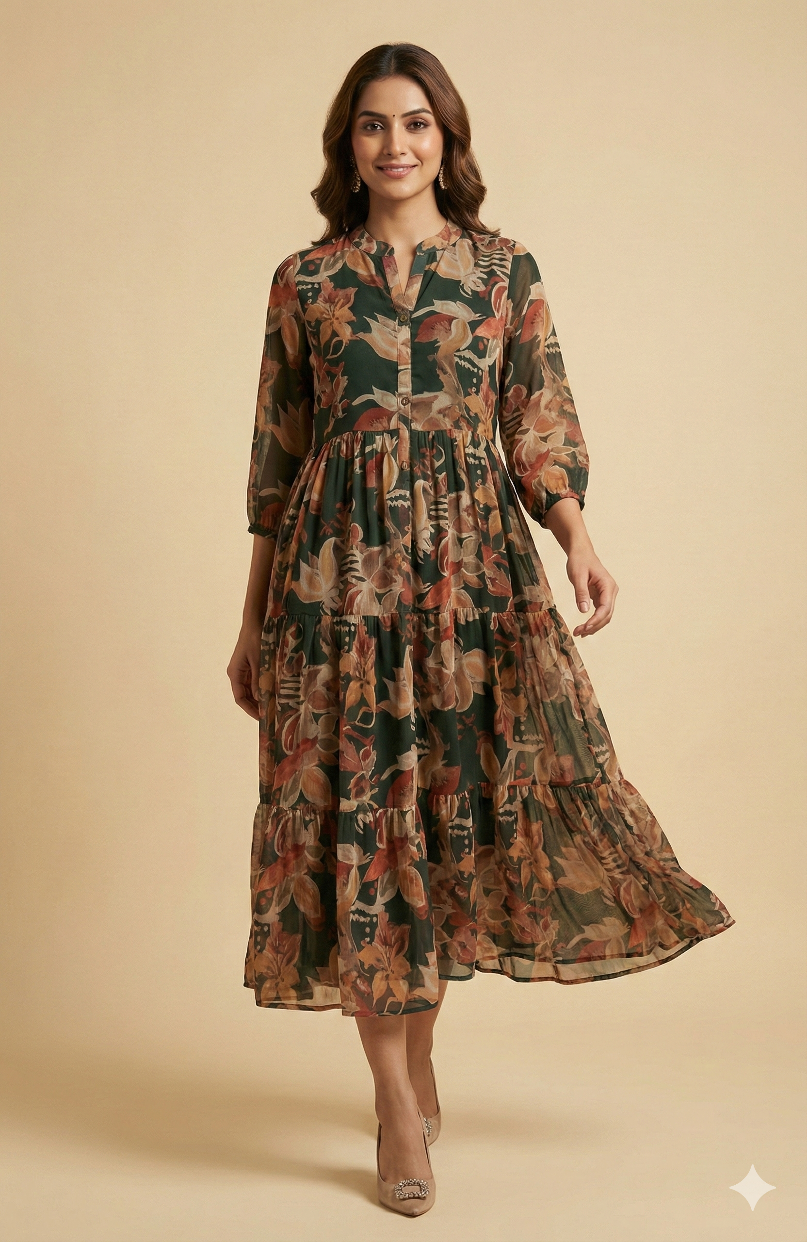 Green Floral Printed Chiffon Midi Dress Designed for Effortless Elegan