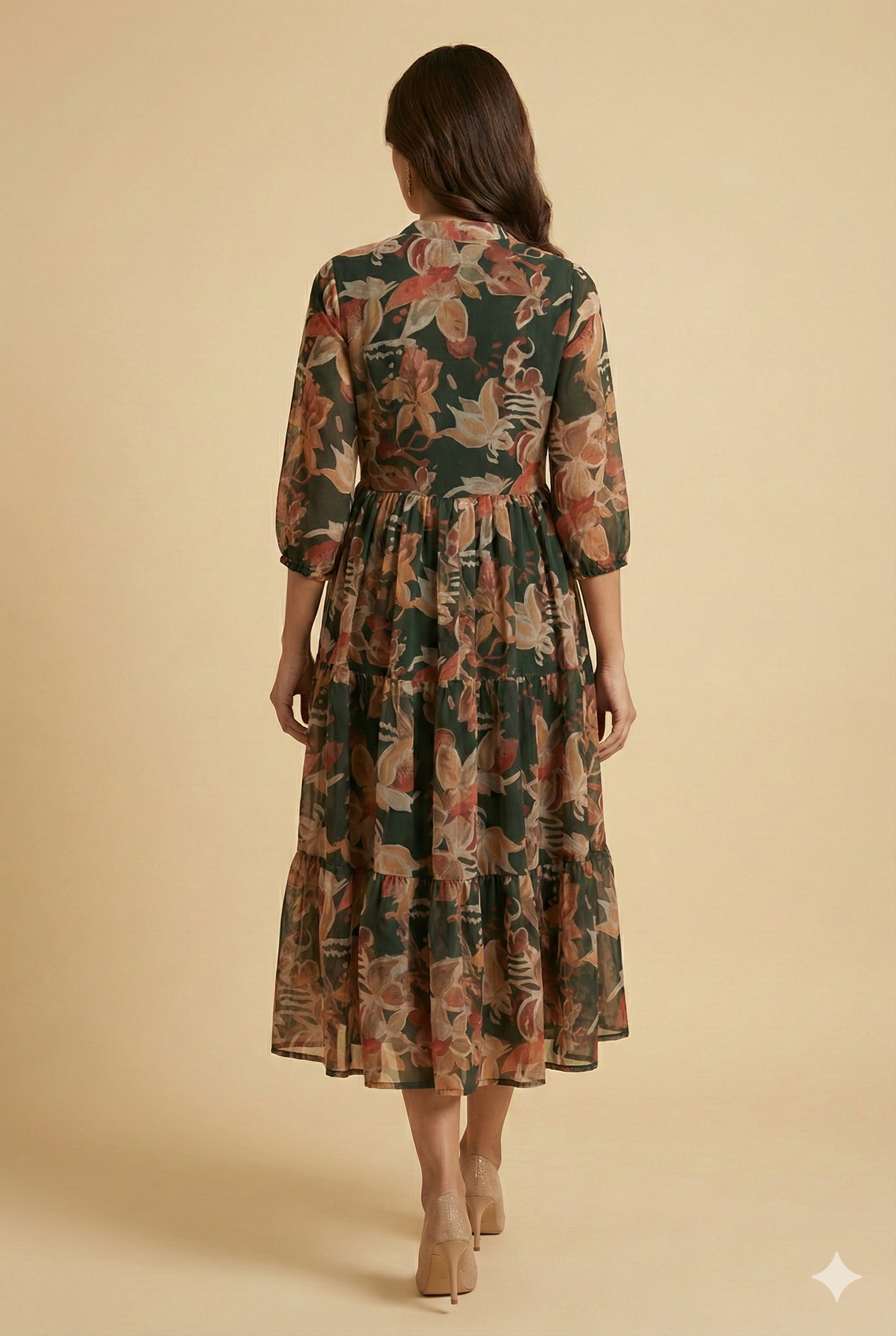 Green Floral Printed Chiffon Midi Dress Designed for Effortless Elegance
