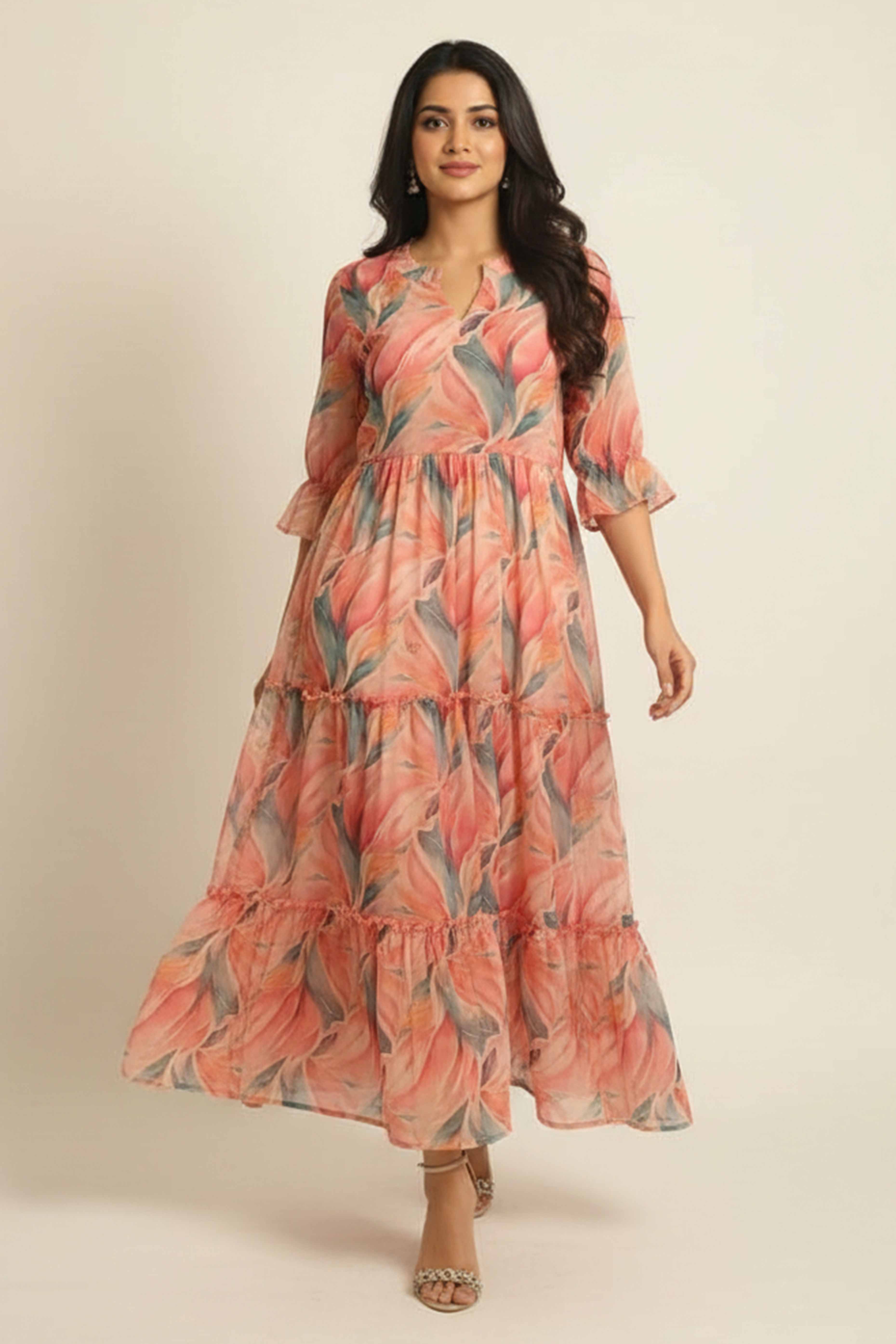 Elegant Pink Chiffon Maxi Dress Adorned With Floral Prints