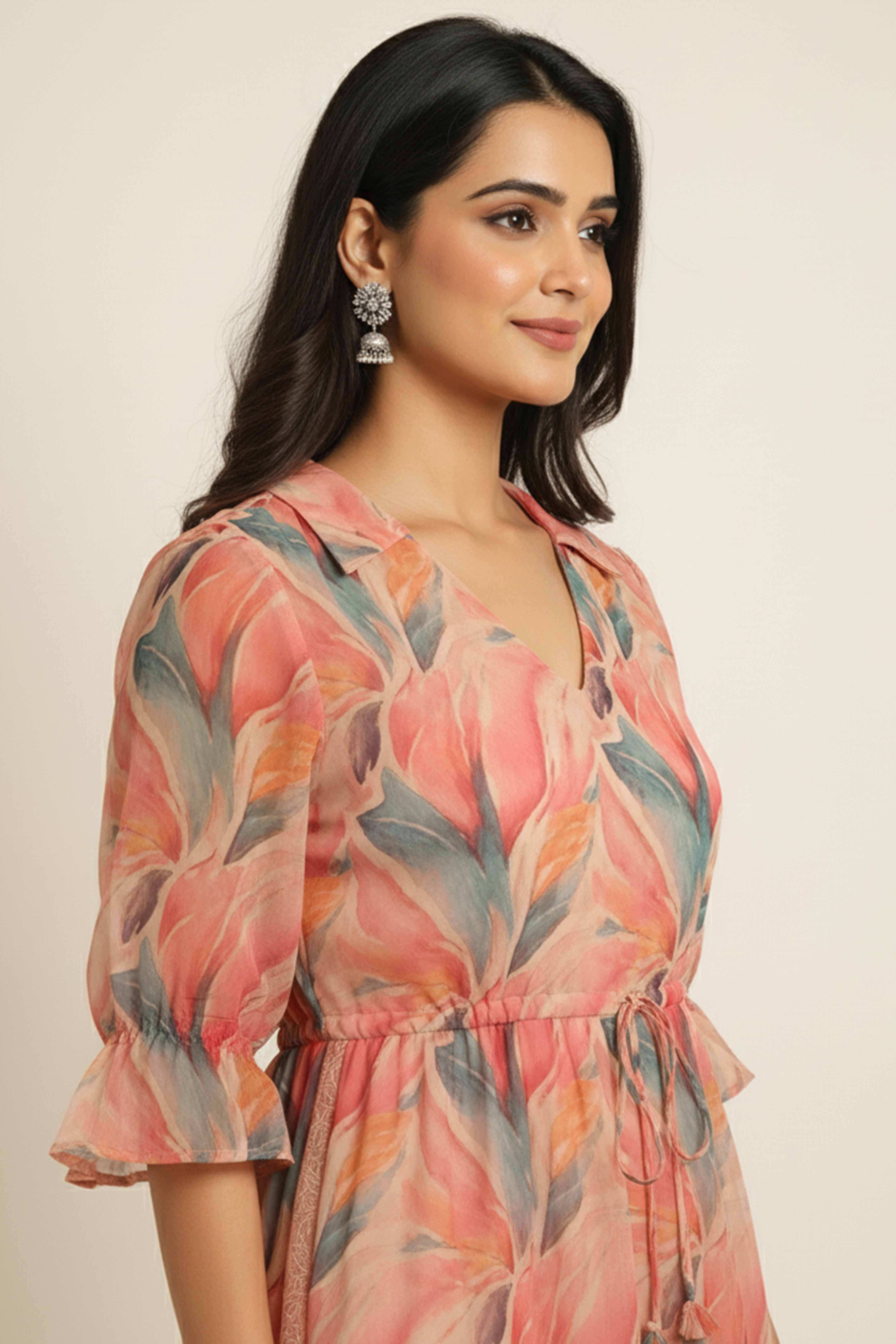 Elegant Pink Chiffon Maxi Dress Adorned With Floral Prints