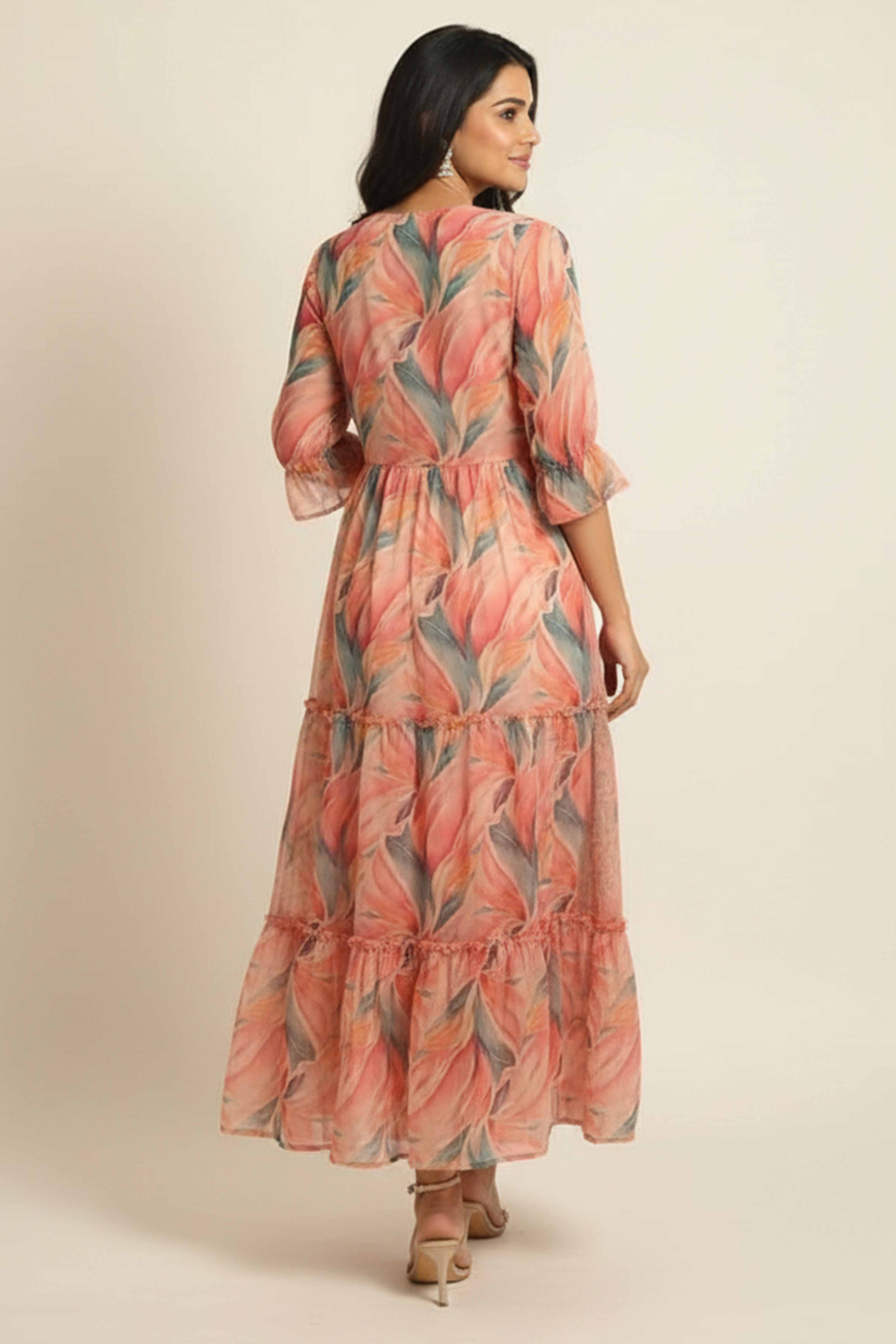 Elegant Pink Chiffon Maxi Dress Adorned With Floral Prints