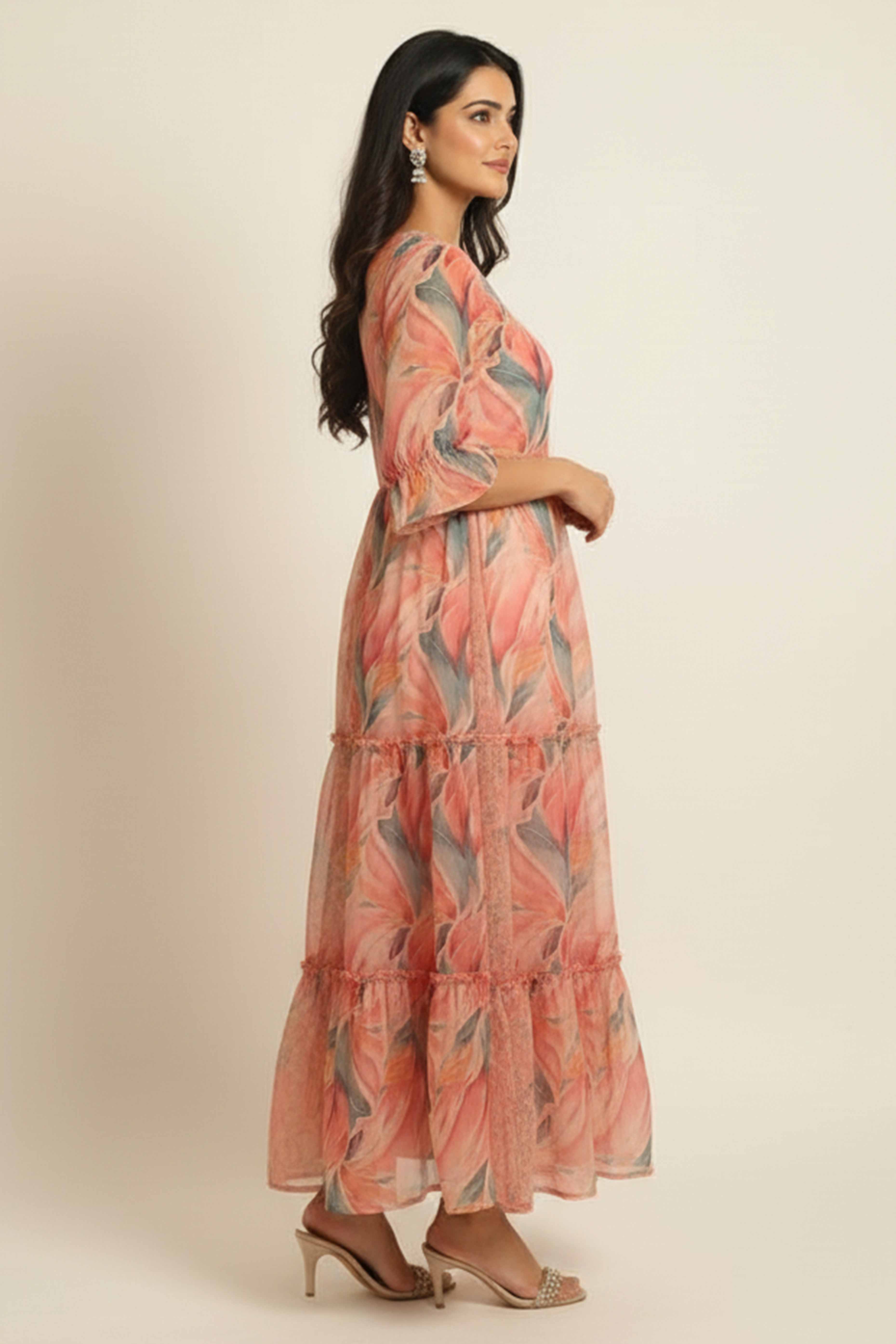 Elegant Pink Chiffon Maxi Dress Adorned With Floral Prints