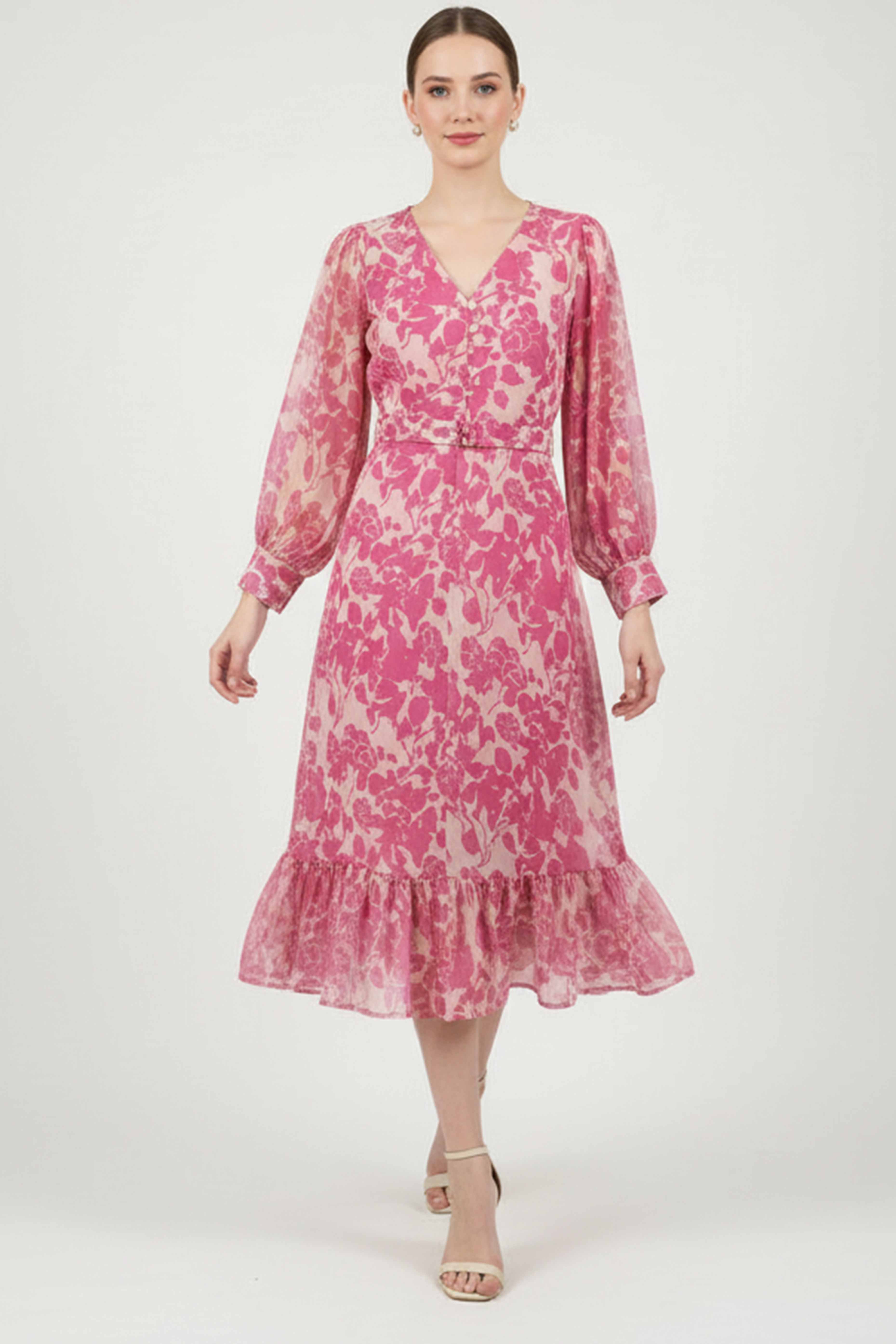 Elegant Pink Pure Cotton A-Line Dress With Delicate Floral Print & Chic V-Neck Style