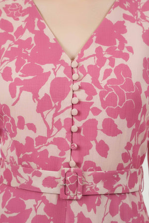 Elegant Pink Pure Cotton A-Line Dress With Delicate Floral Print & Chic V-Neck Style