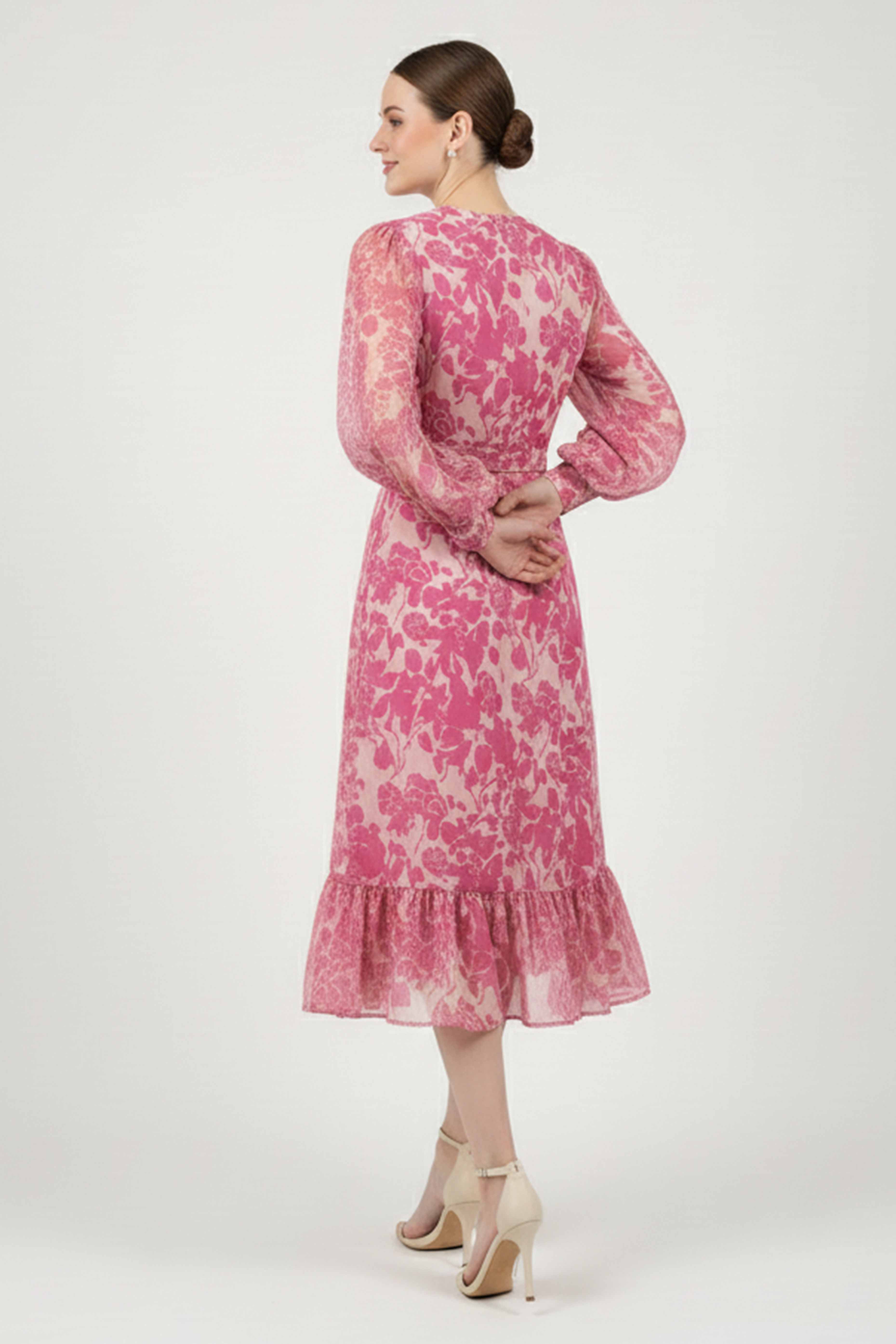 Elegant Pink Pure Cotton A-Line Dress With Delicate Floral Print & Chic V-Neck Style