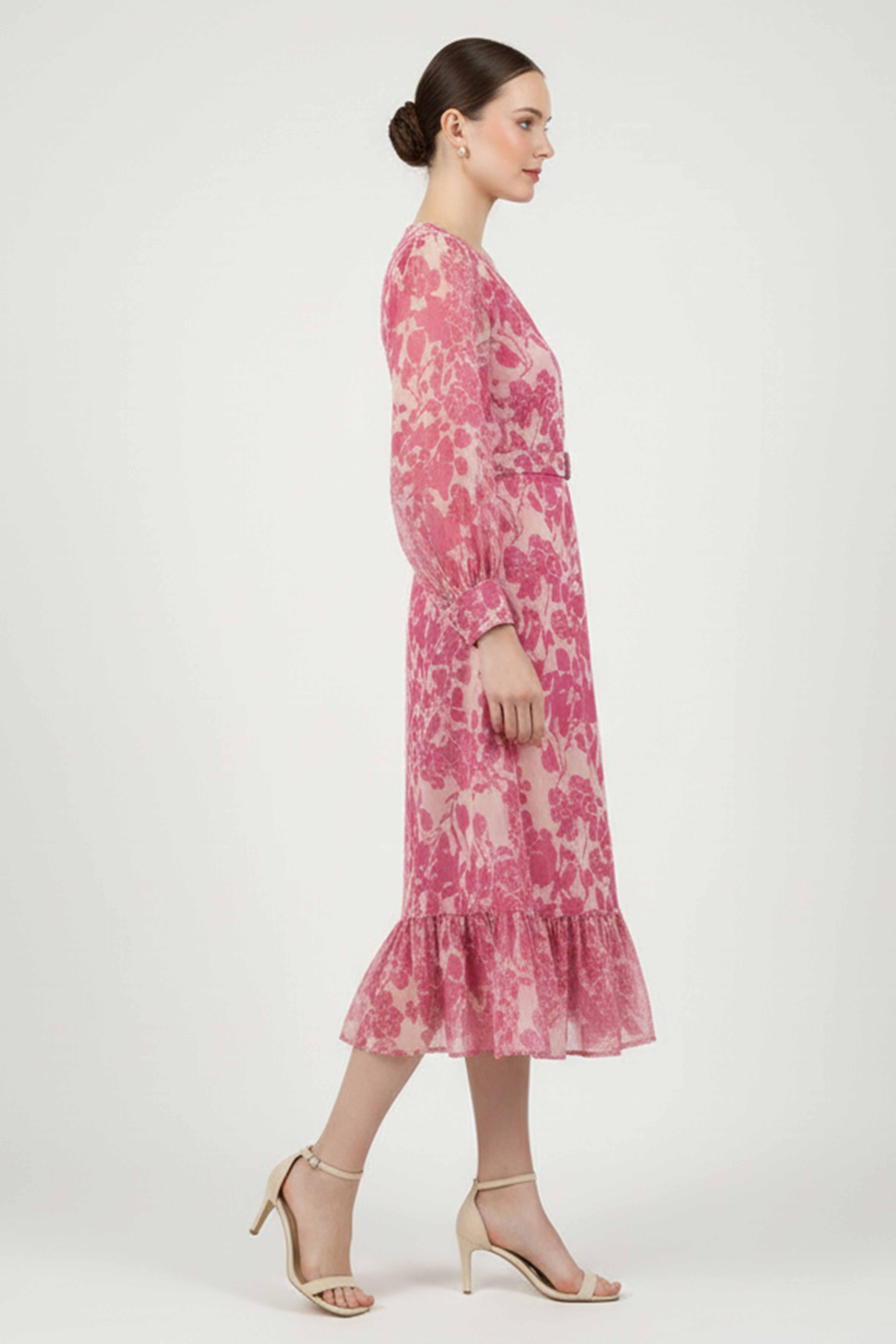 Elegant Pink Pure Cotton A-Line Dress With Delicate Floral Print & Chic V-Neck Style