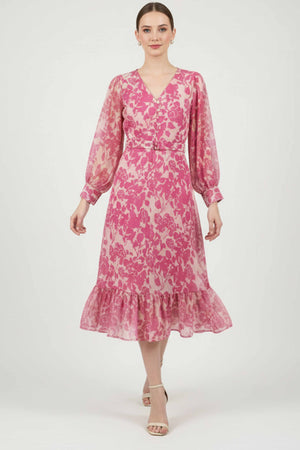 Elegant Pink Pure Cotton A-Line Dress With Delicate Floral Print & Chic V-Neck Style