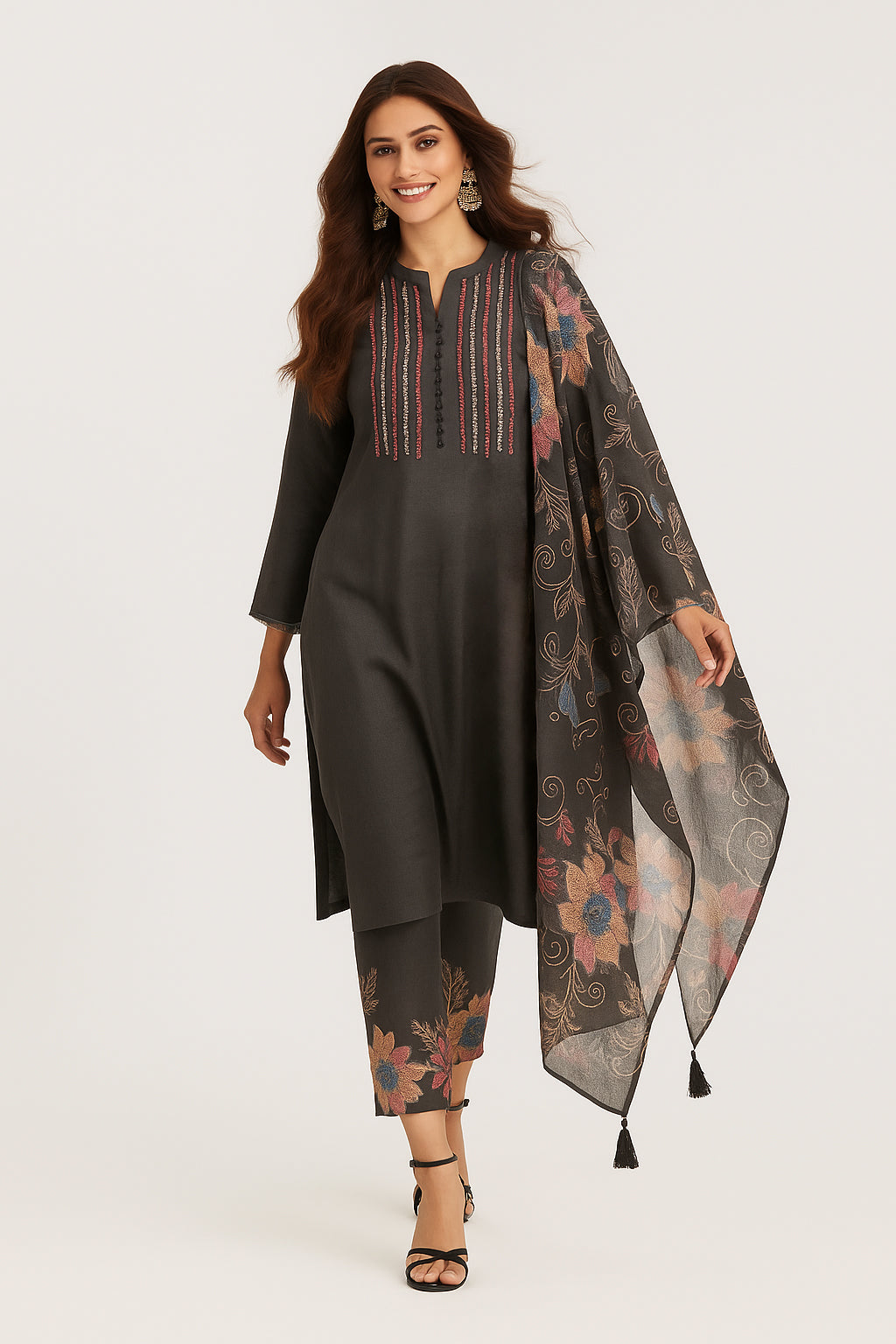 Grey Straight Salwar Suit in Viscose with Neck Embroidery Accents