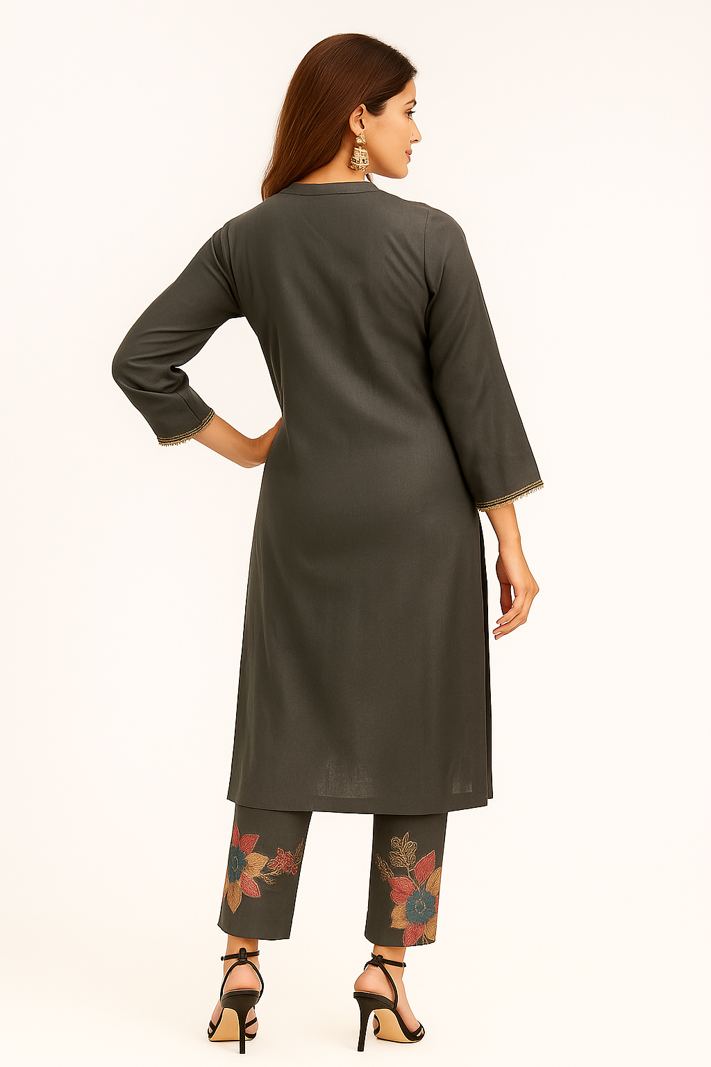 Grey Straight Salwar Suit in Viscose with Neck Embroidery Accents