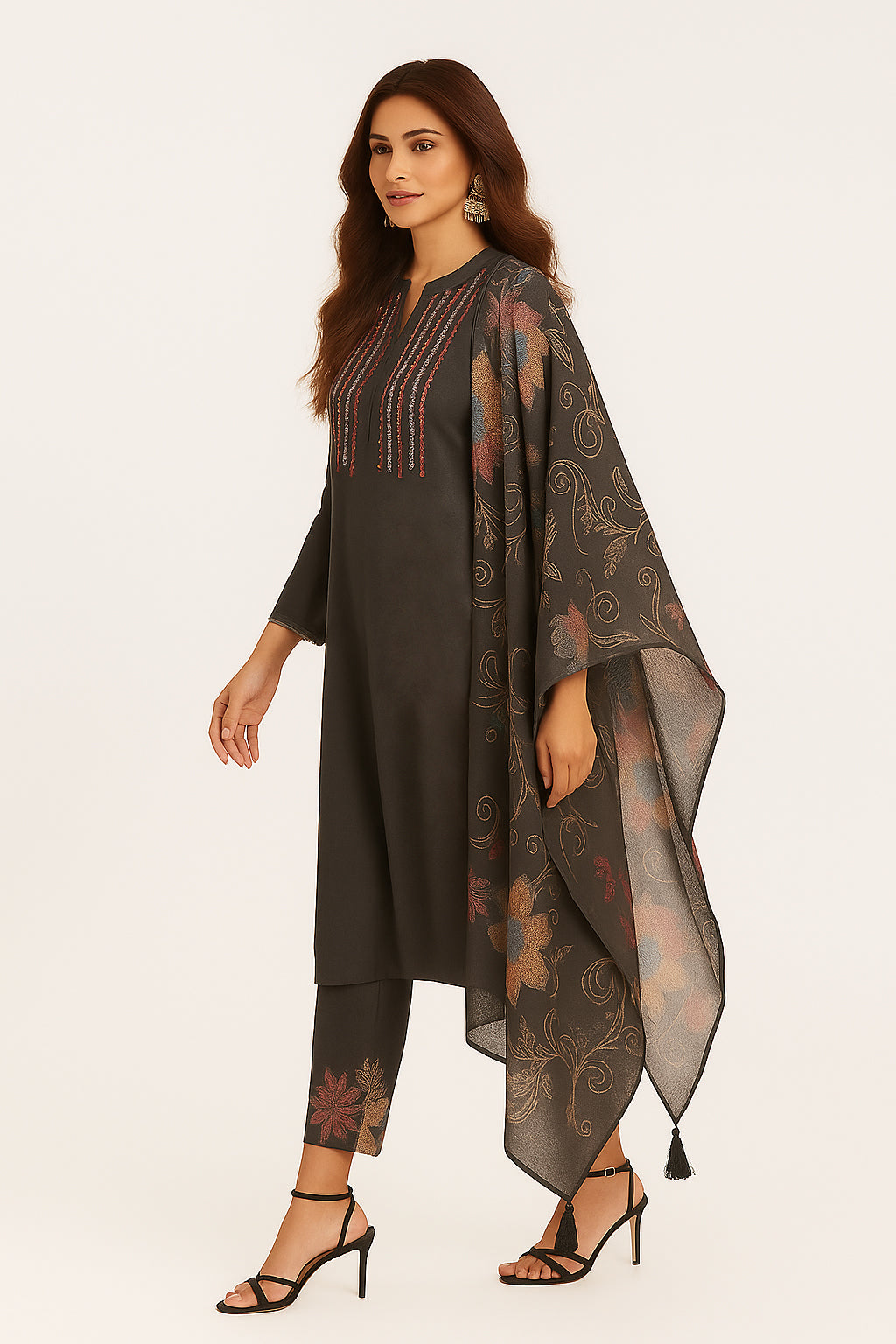 Grey Straight Salwar Suit in Viscose with Neck Embroidery Accents