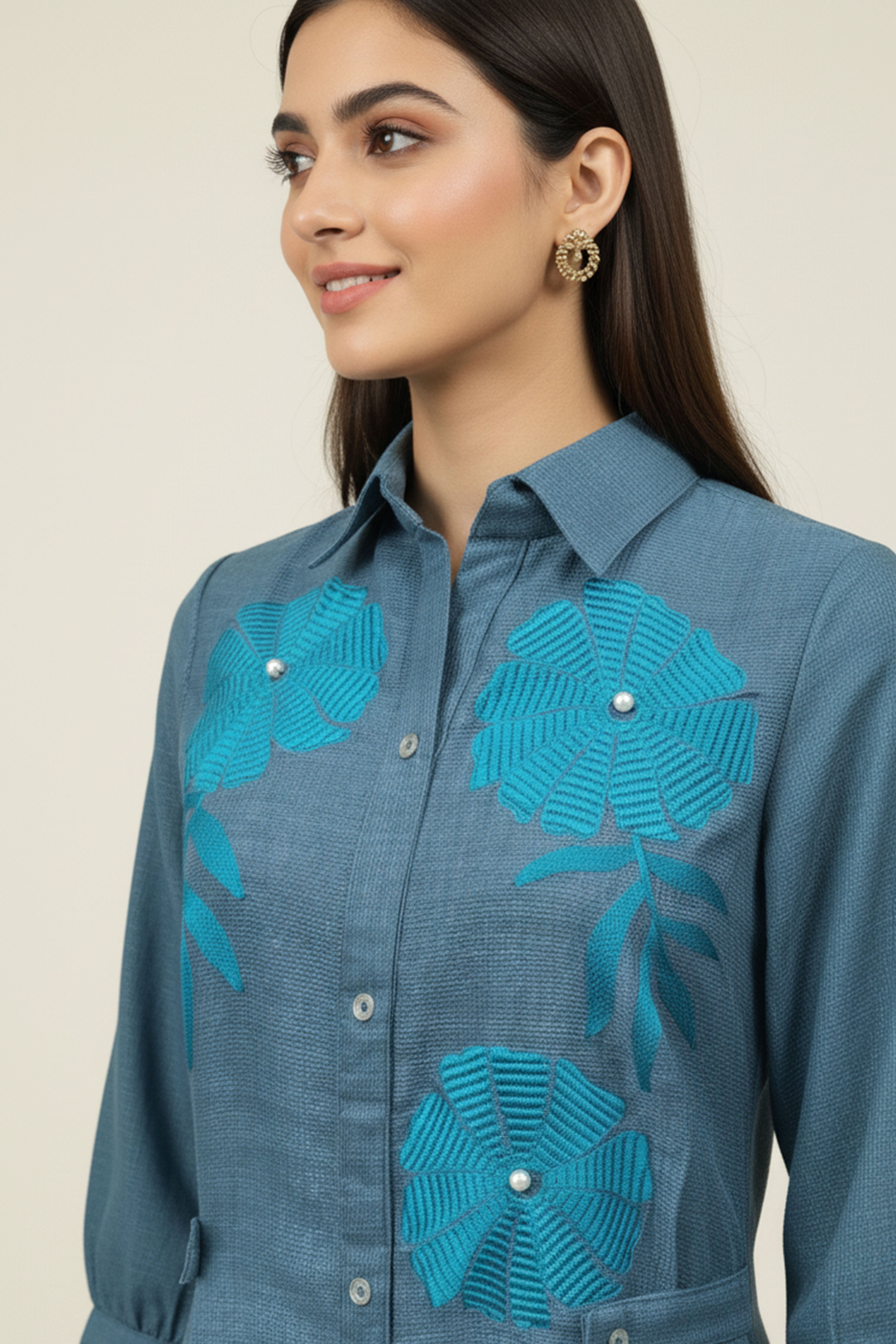 Elegant Teal Twill Cotton Dress Kurti with Delicate Floral Embroidery