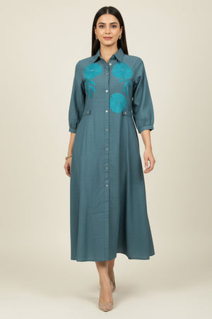 Elegant Teal Twill Cotton Dress Kurti with Delicate Floral Embroidery