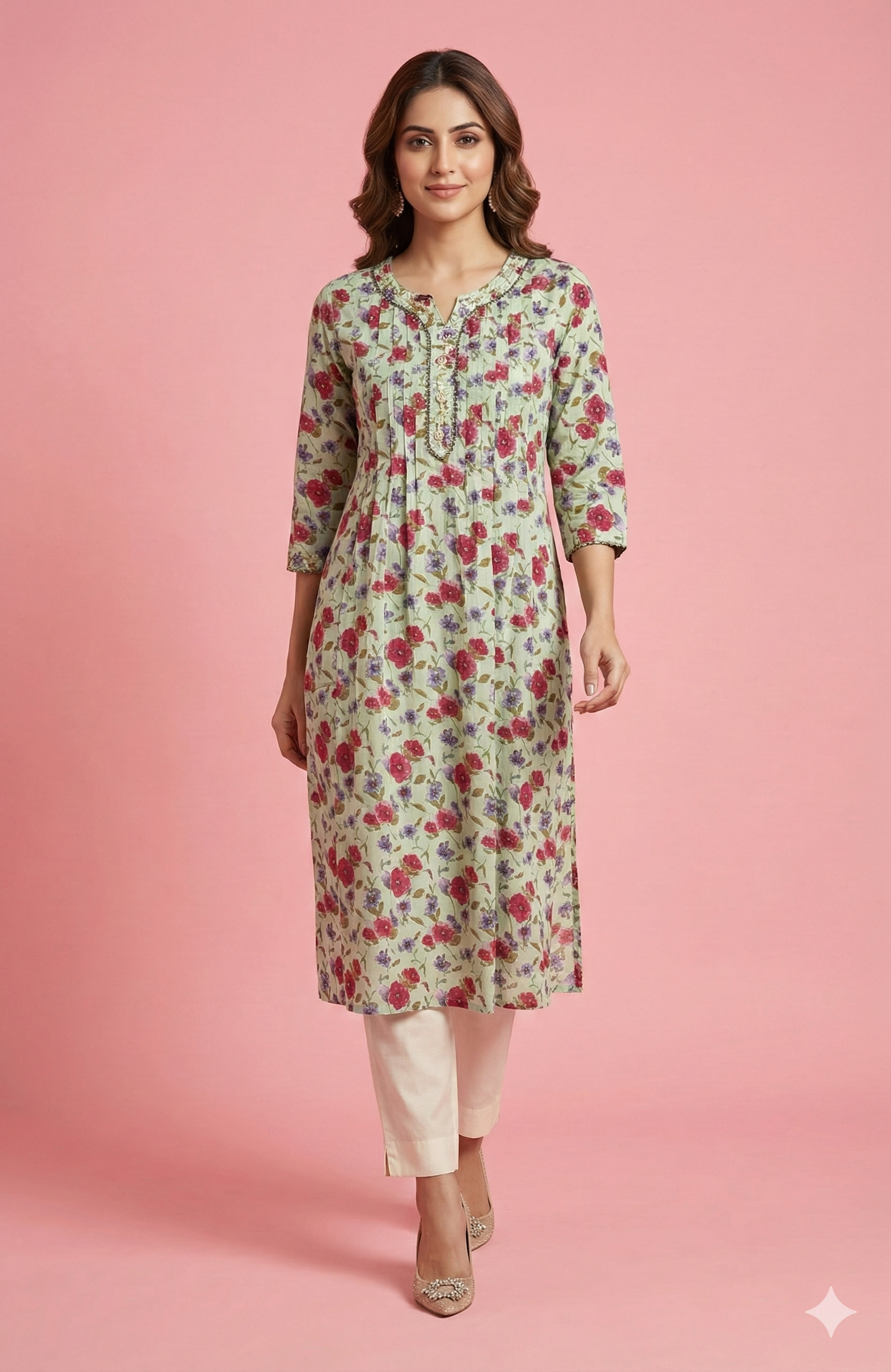 Sea Green Breathable Pure Cotton Kurti Adorned with Delicate Floral Prints