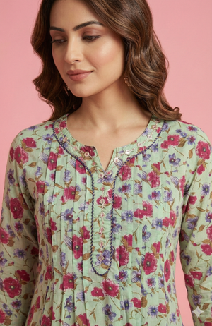 Sea Green Breathable Pure Cotton Kurti Adorned with Delicate Floral Prints
