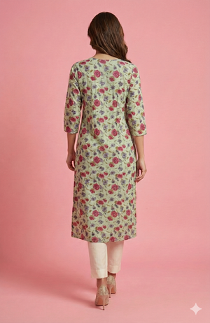 Sea Green Breathable Pure Cotton Kurti Adorned with Delicate Floral Prints
