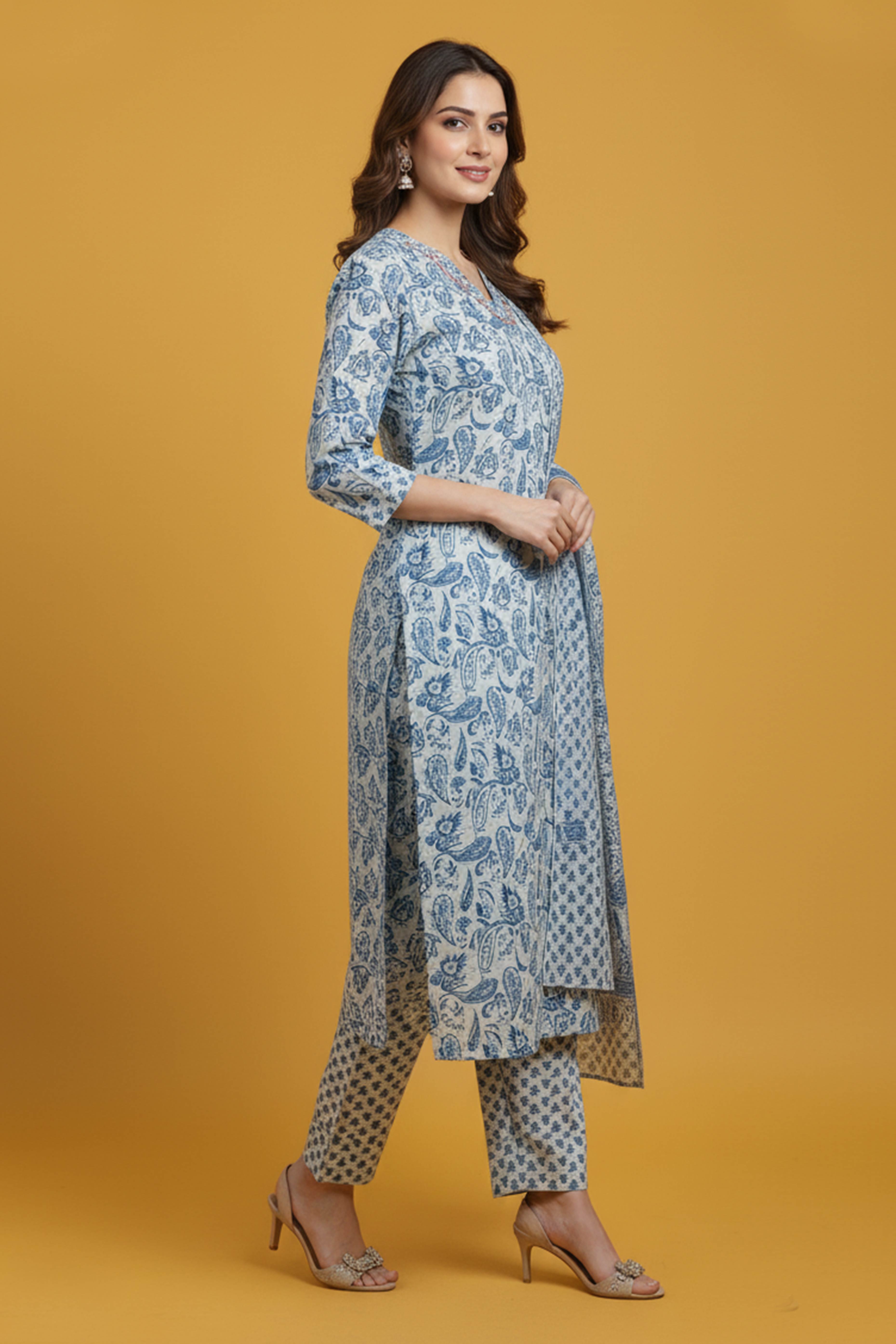 Elegant White Floral Printed Salwar Suit With Intricate Thread Work On Pure Cotton