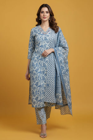 Elegant White Floral Printed Salwar Suit With Intricate Thread Work On Pure Cotton