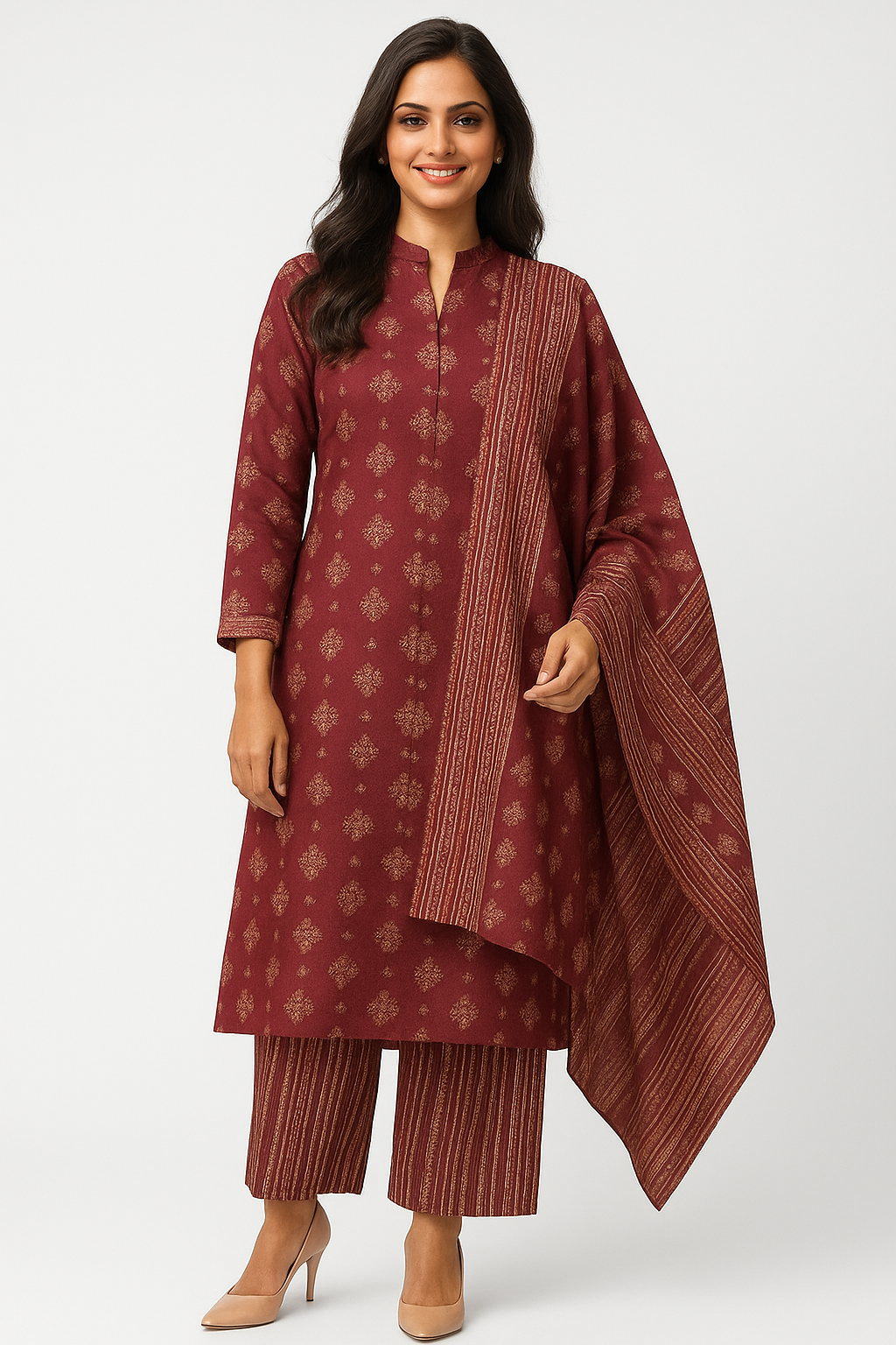 Pure Cotton Maroon Ethnic Suit Featuring All-Over Floral Motifs