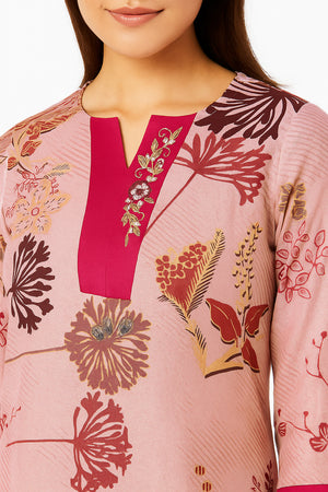 Baby Pink Salwar Suit in Viscose Slub Blend with Floral & Handwork Highlights