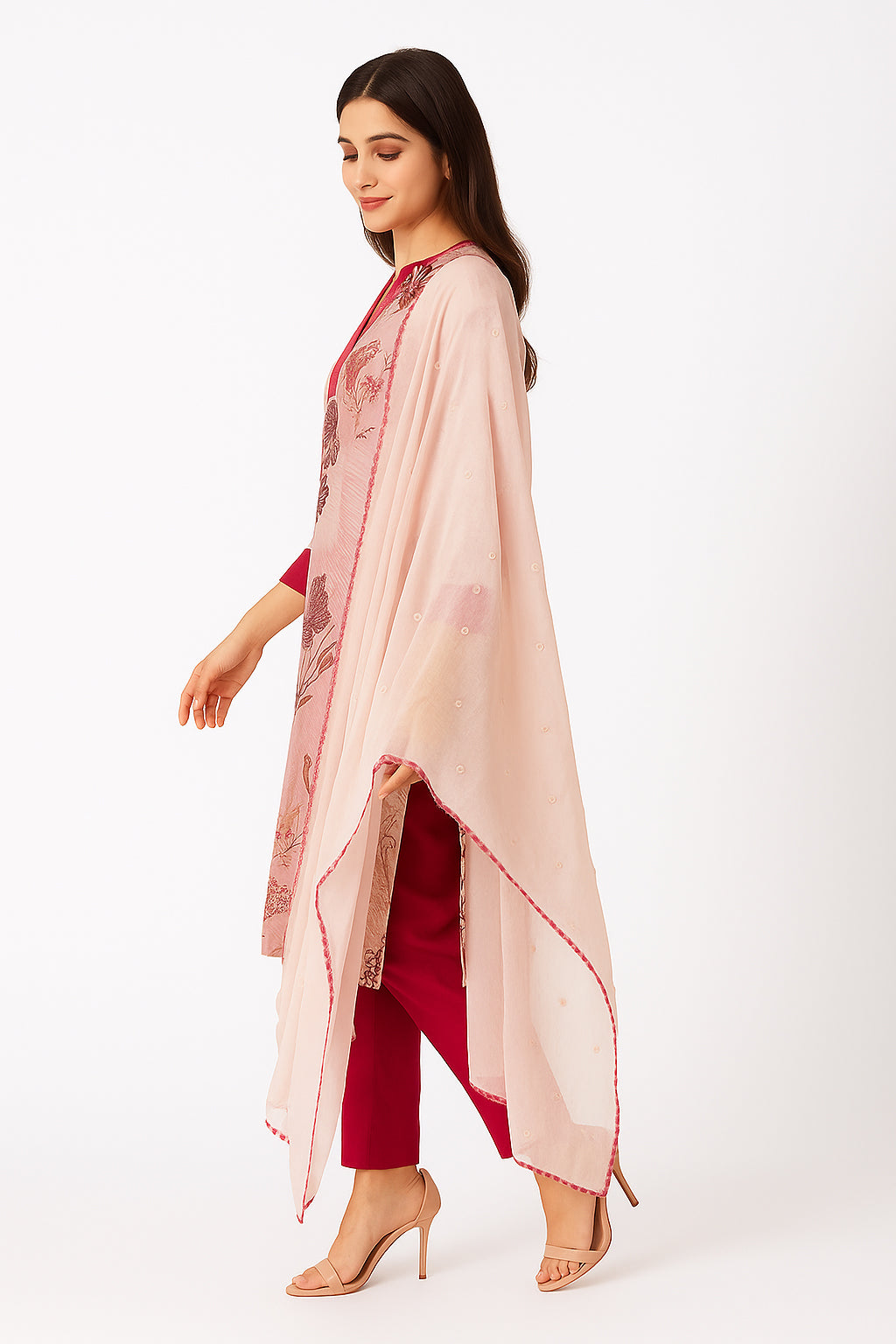 Baby Pink Salwar Suit in Viscose Slub Blend with Floral & Handwork Highlights